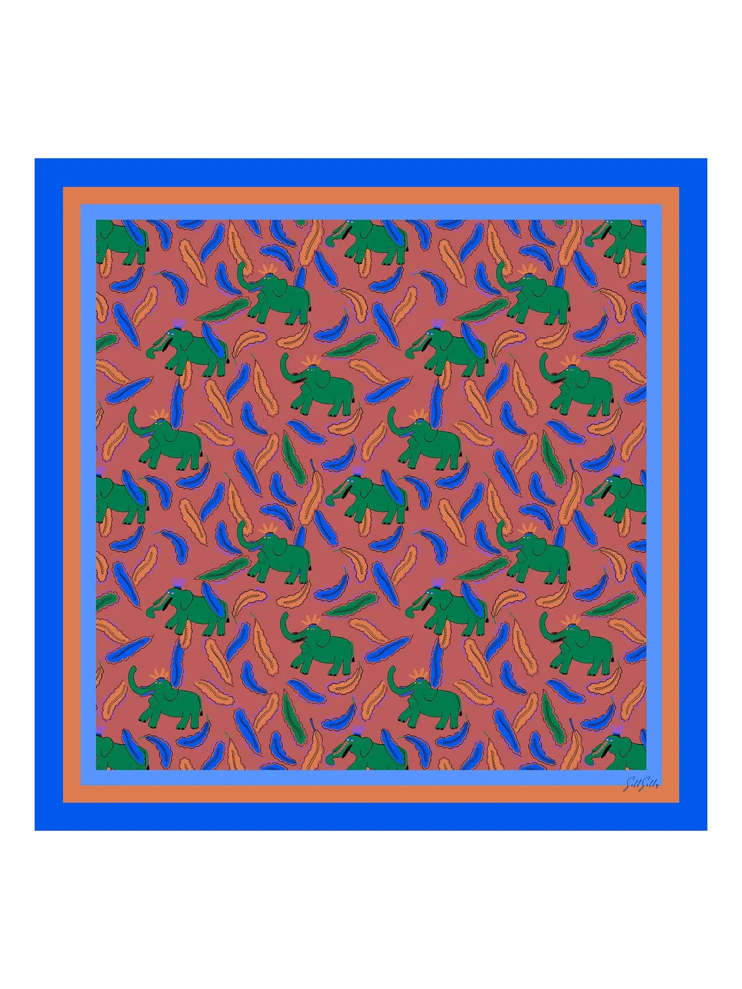Tørklæde I 100 Procent Morbærsilke Med Elefantmønster Størrelse 90 x 90 cm