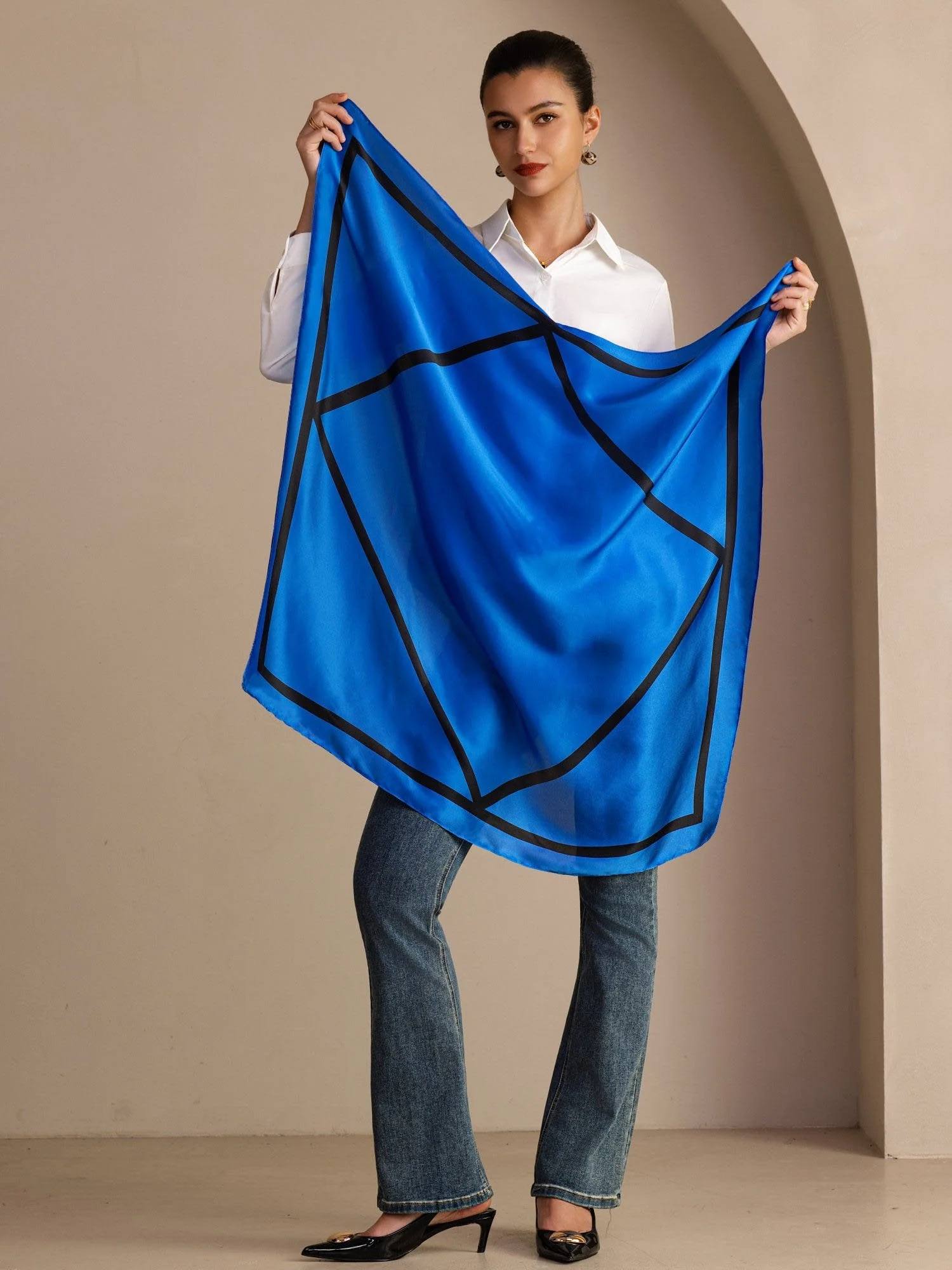 100 Procent Morbærsilke Dame Tørklæde Med Geometrisk Blok Mønster Størrelse 90 x 90 cm - Image 16