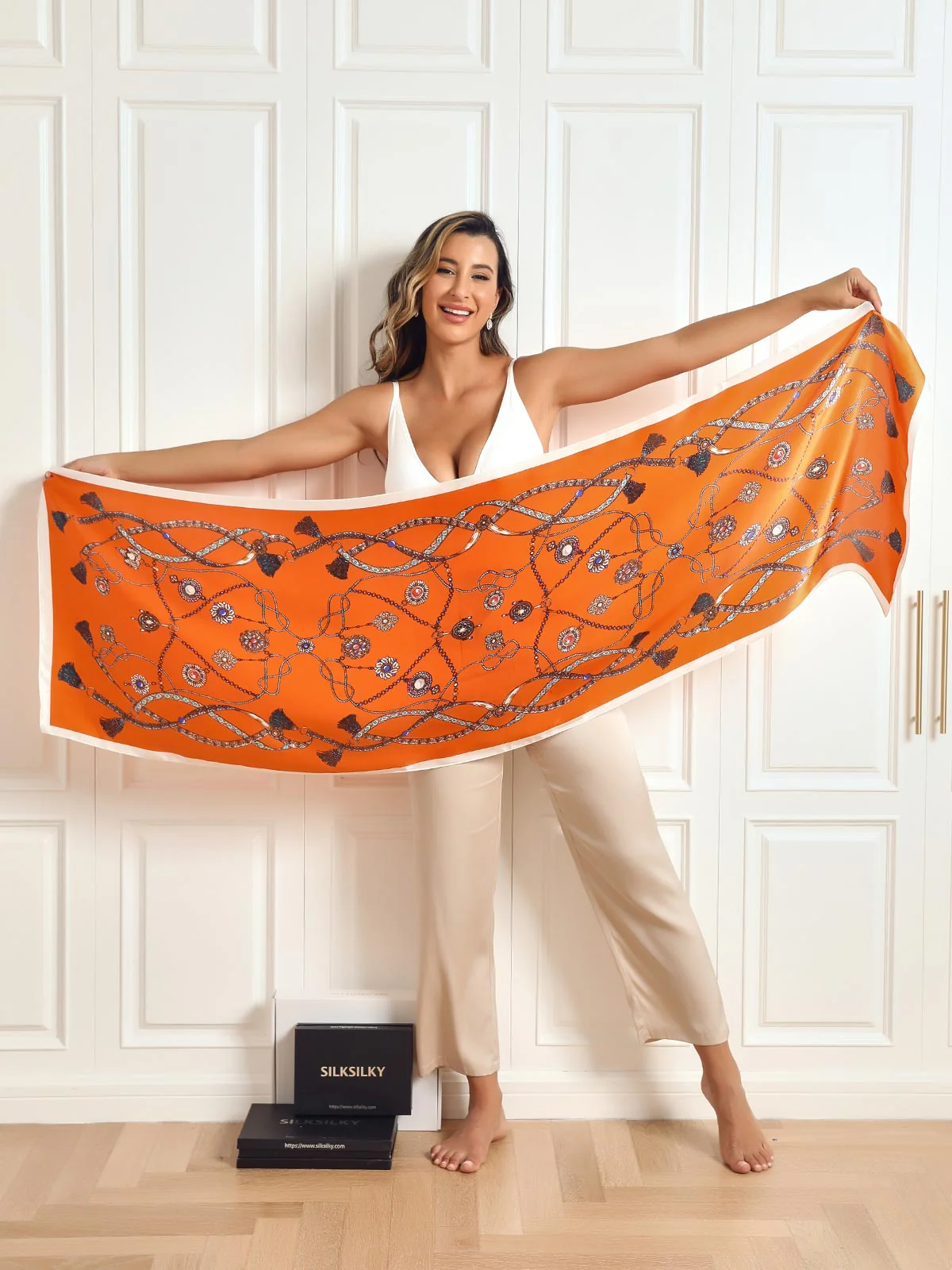 100% Mulberry Silke Printet Rektangulært Langt Sjal Tørklæde 170x53cm - Image 6