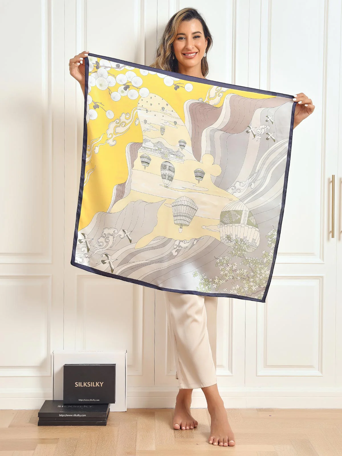 100% Mulberry Silke Printet Firkantet Sjal Tørklæde 88*88cm - Image 29