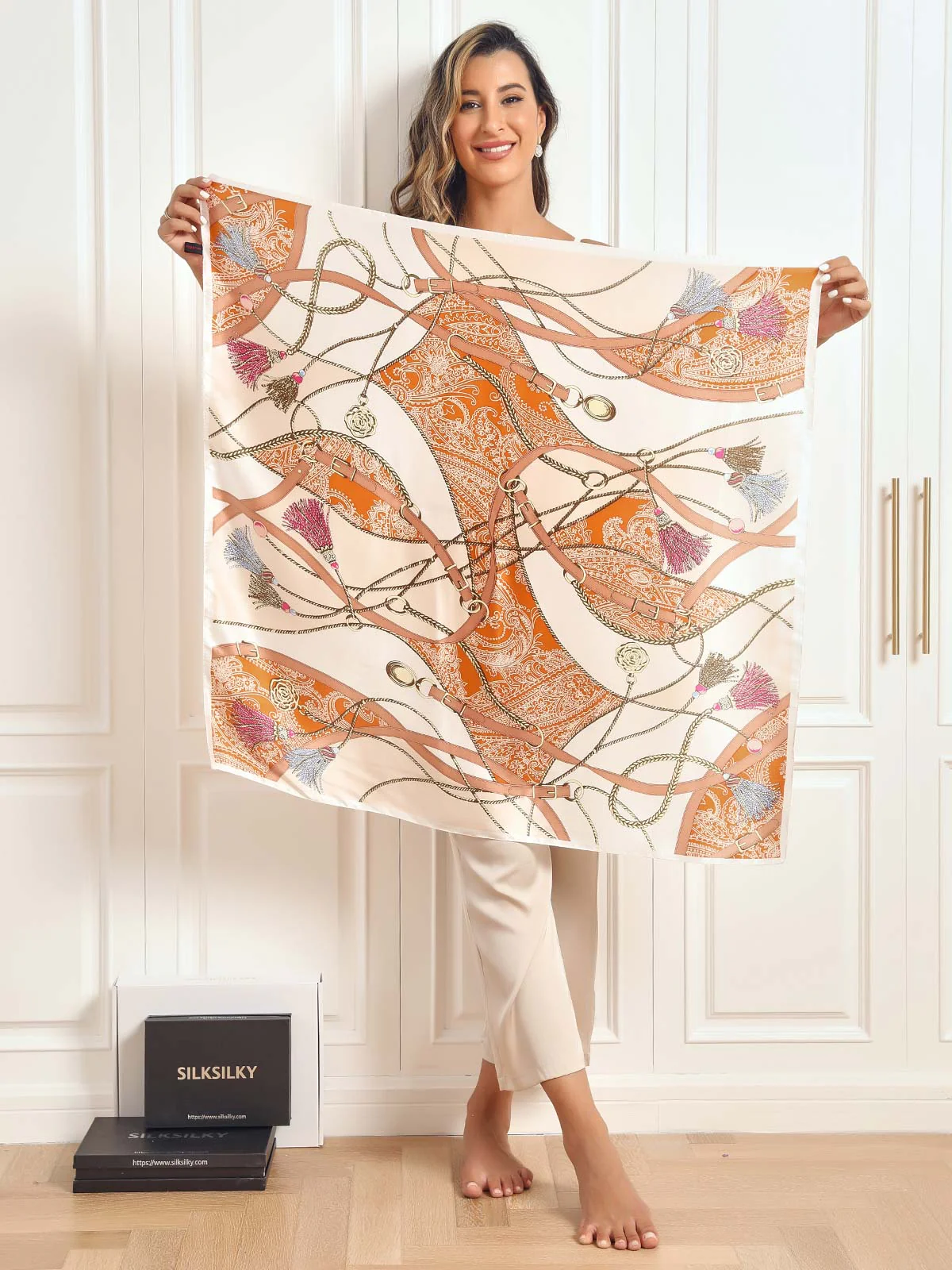 100% Mulberry Silke Printet Firkantet Sjal Tørklæde 88*88cm - Image 37