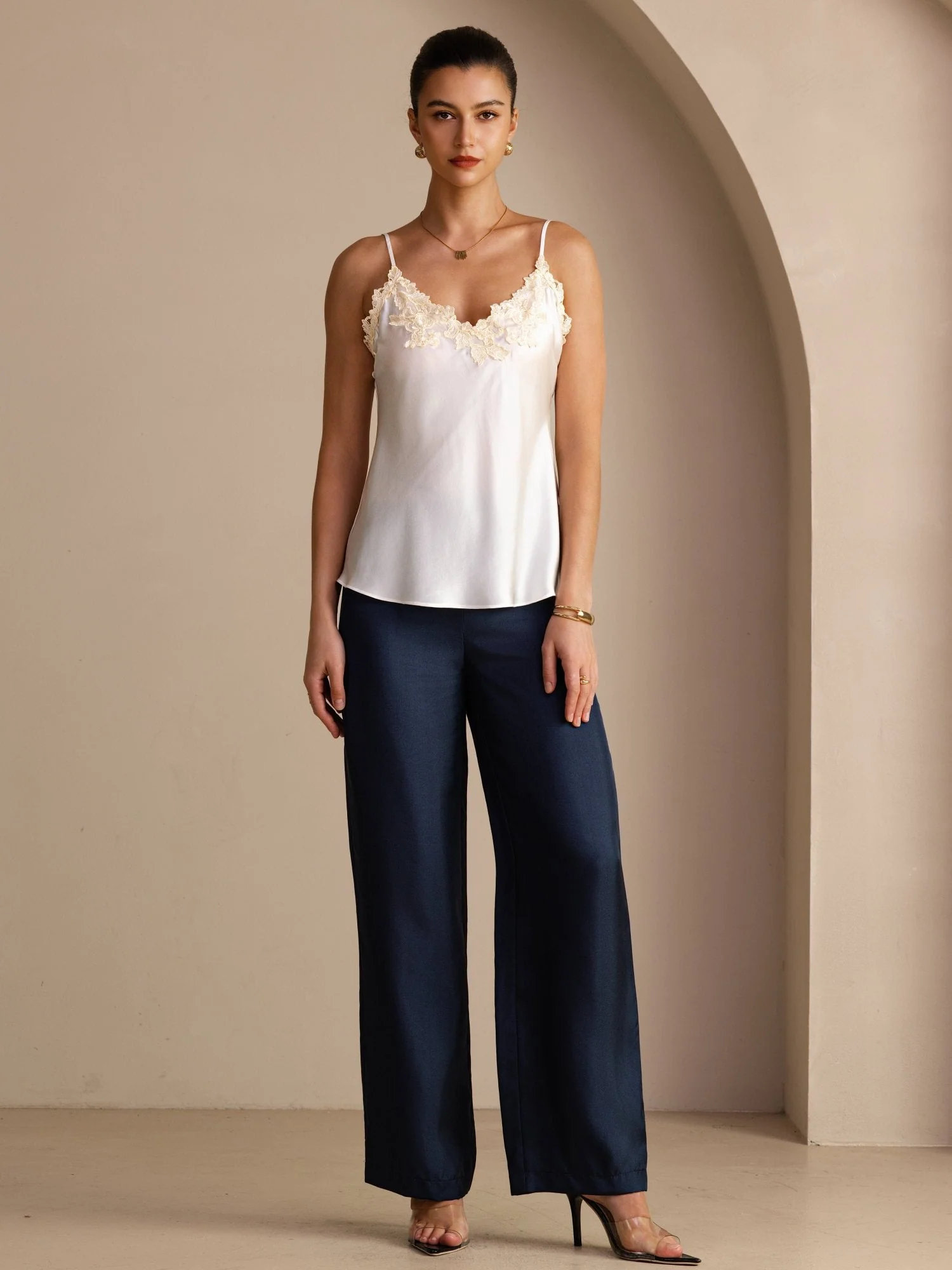 100 Procent Mulberry Silke Spaghetti Stropper V Hals Blonde Camisole Top - Image 13