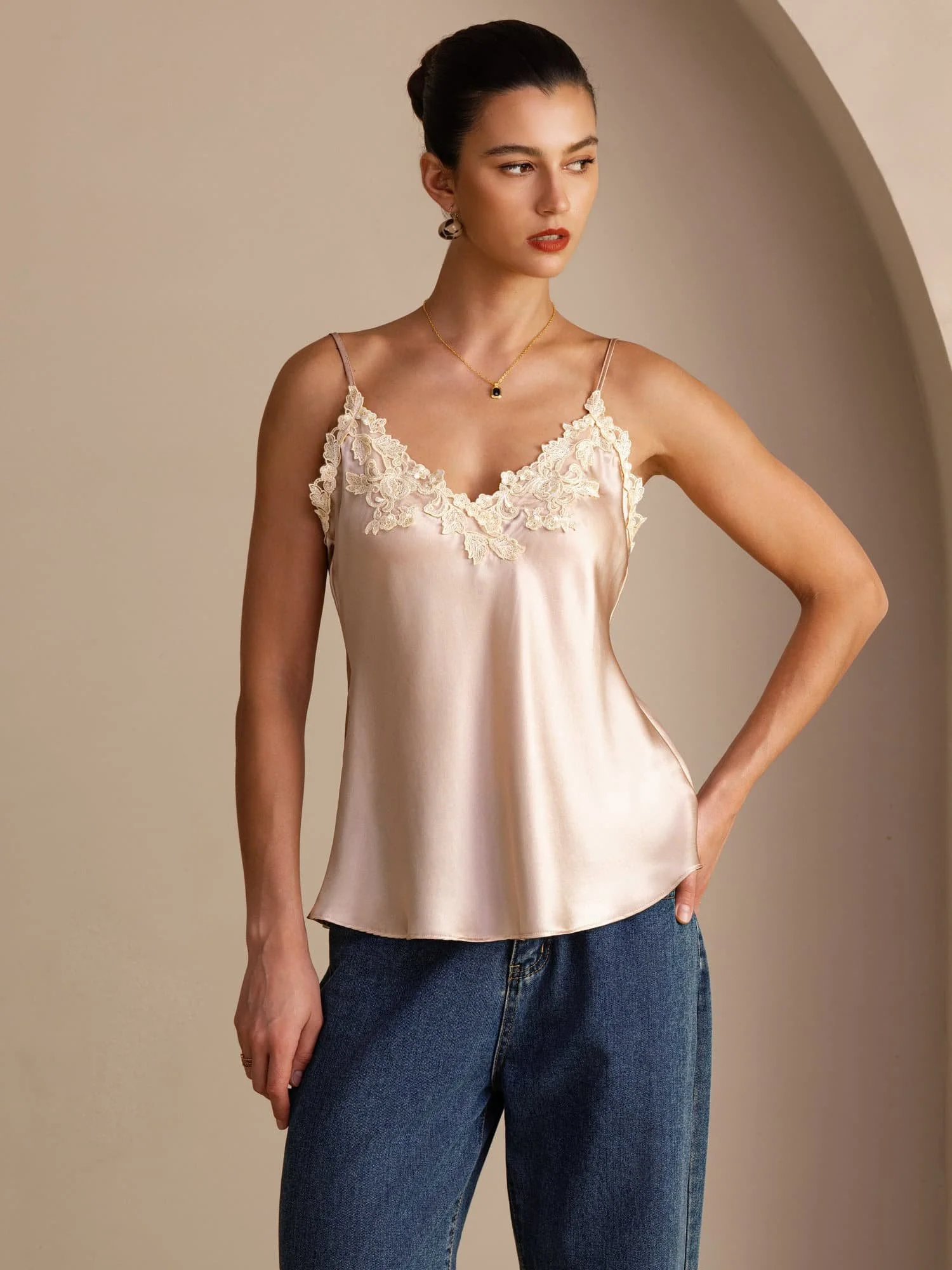 100 Procent Mulberry Silke Spaghetti Stropper V Hals Blonde Camisole Top - Image 14