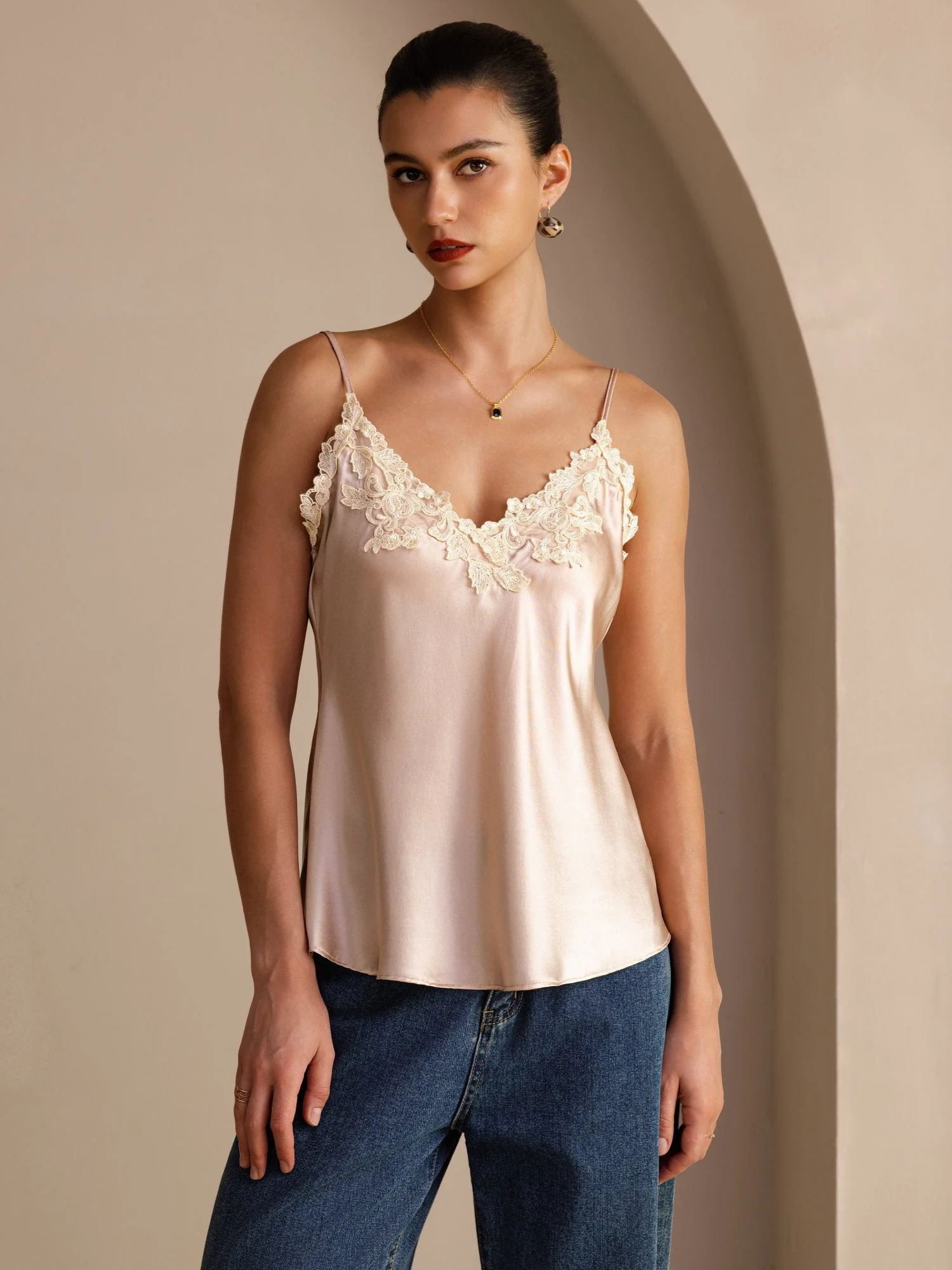 100 Procent Mulberry Silke Spaghetti Stropper V Hals Blonde Camisole Top - Image 16