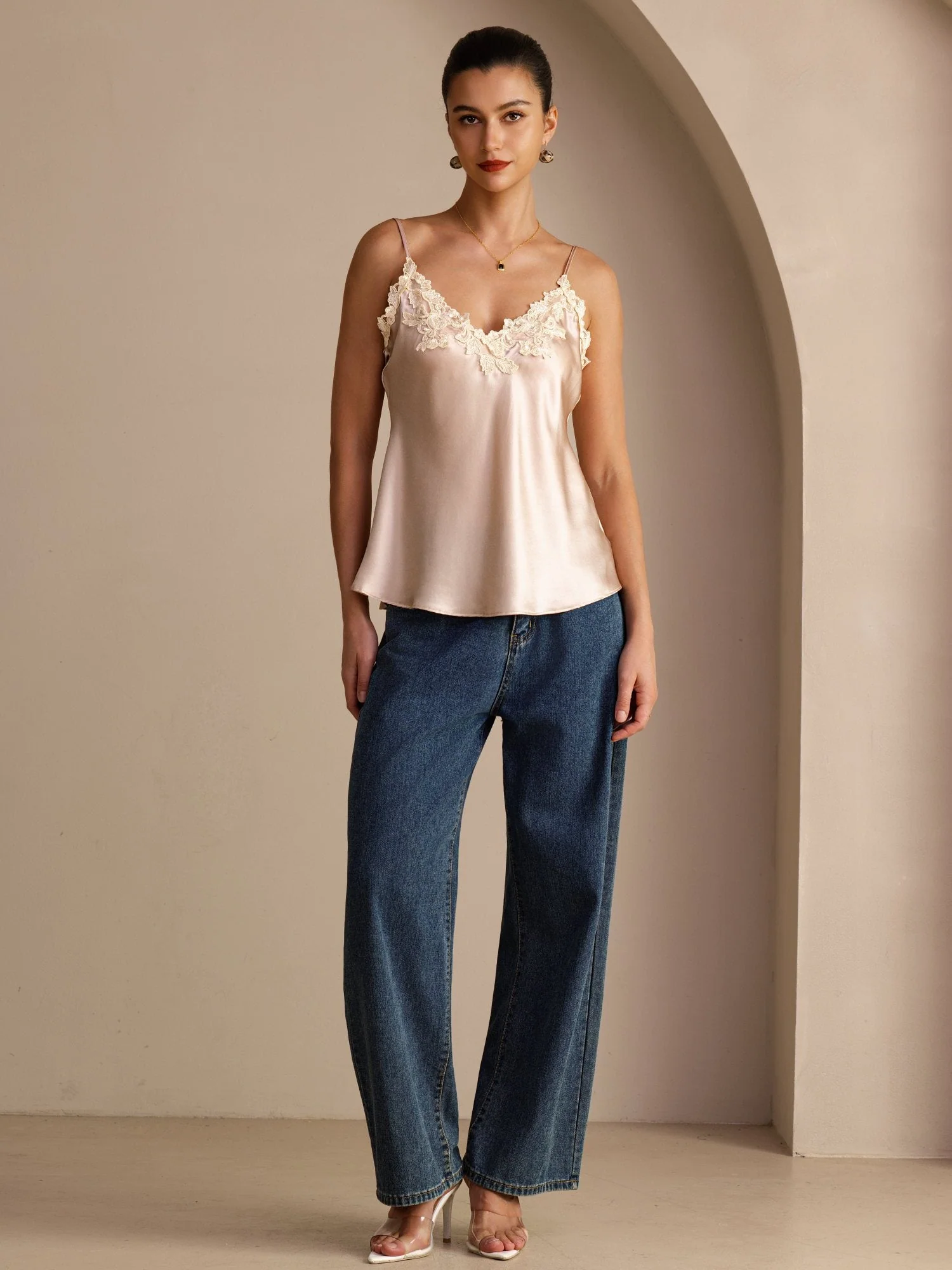 100 Procent Mulberry Silke Spaghetti Stropper V Hals Blonde Camisole Top - Image 19