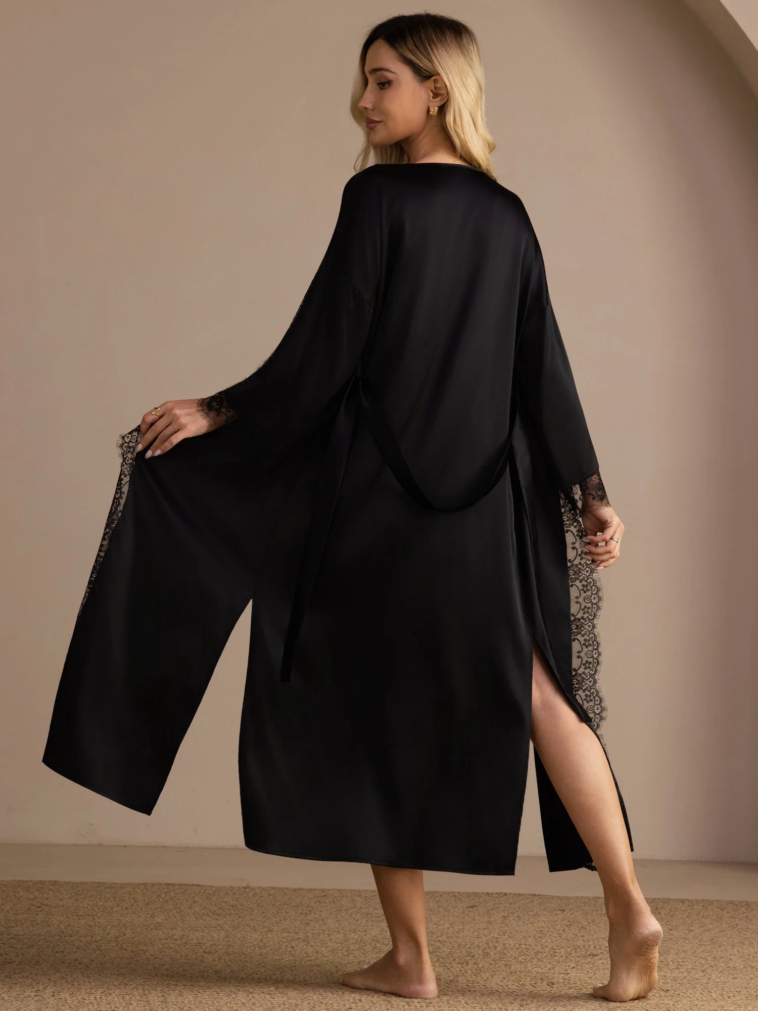 100 Percent Morbærsilke Dame Kimono Ærmer Blonde Kant Midi Morgenkåbe Til Brud - Image 9