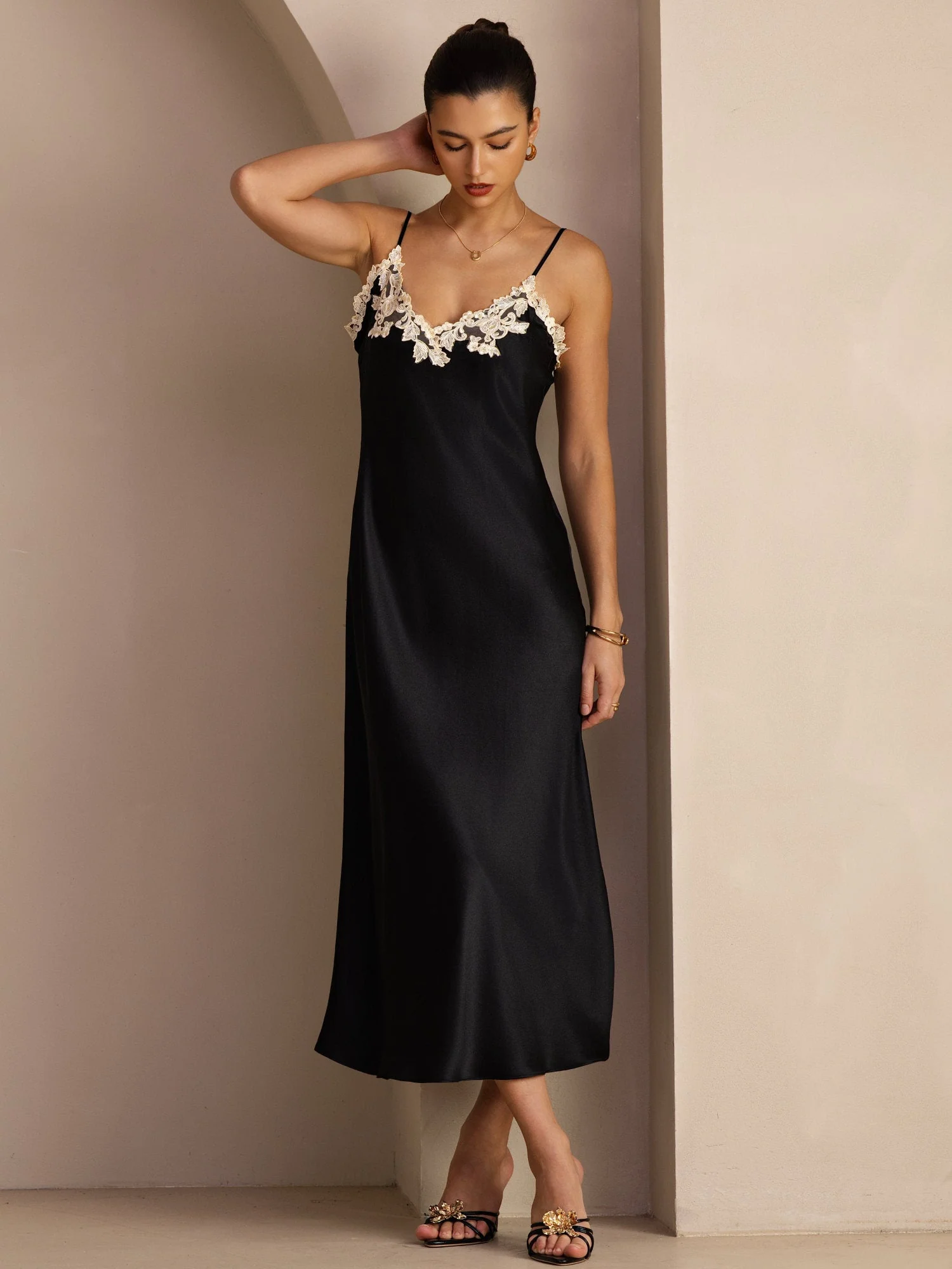 Maxi Lace V-Back 100% Silke Kjole - Image 19