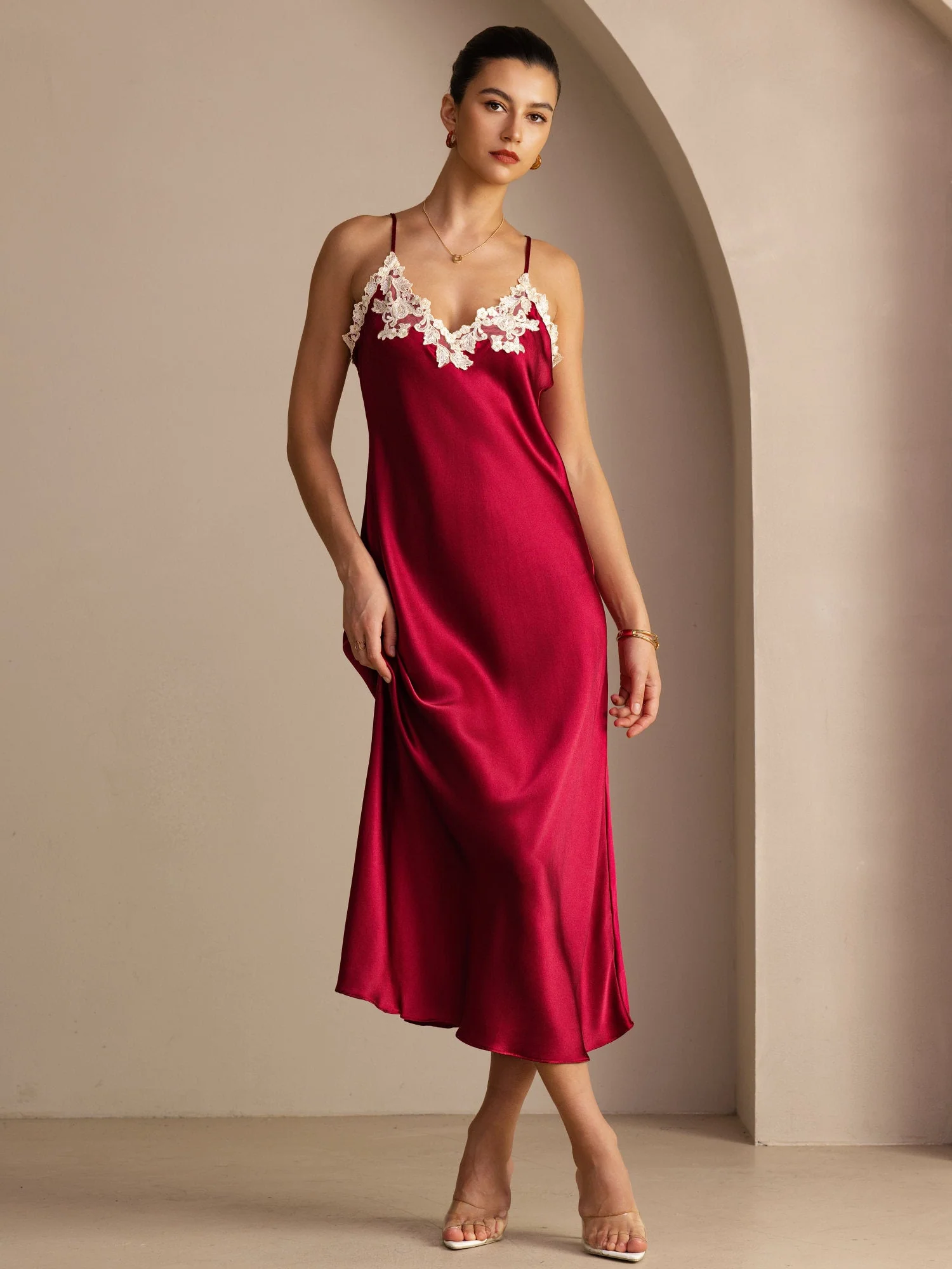 Maxi Lace V-Back 100% Silke Kjole - Image 20