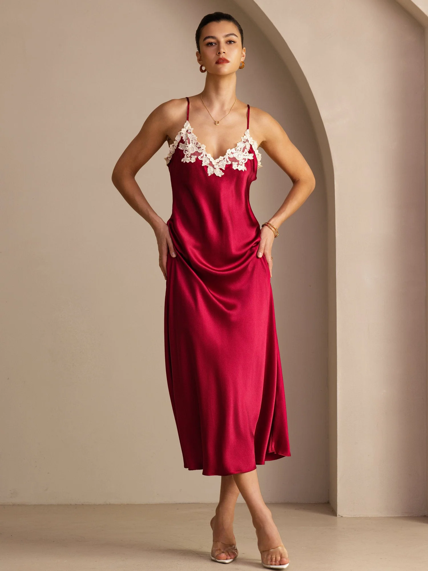 Maxi Lace V-Back 100% Silke Kjole - Image 24