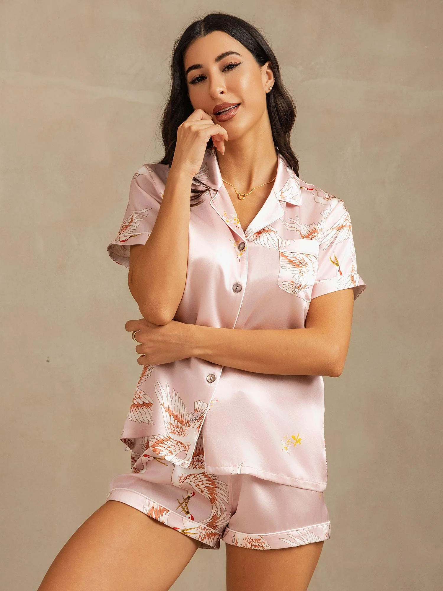 19Momme Ren Silke Kortærmet Notch Krave Kvinders Pyjamas Sæt Med Trane Print - Image 9