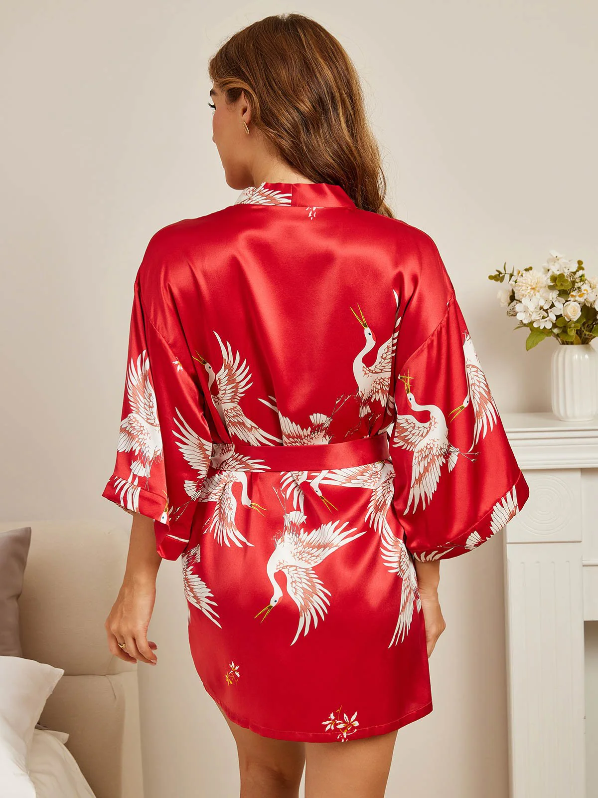 19Momme Ren Silke Traneprint 3/4 Ærme Kort Dame Kimono Badekåbe - Image 21