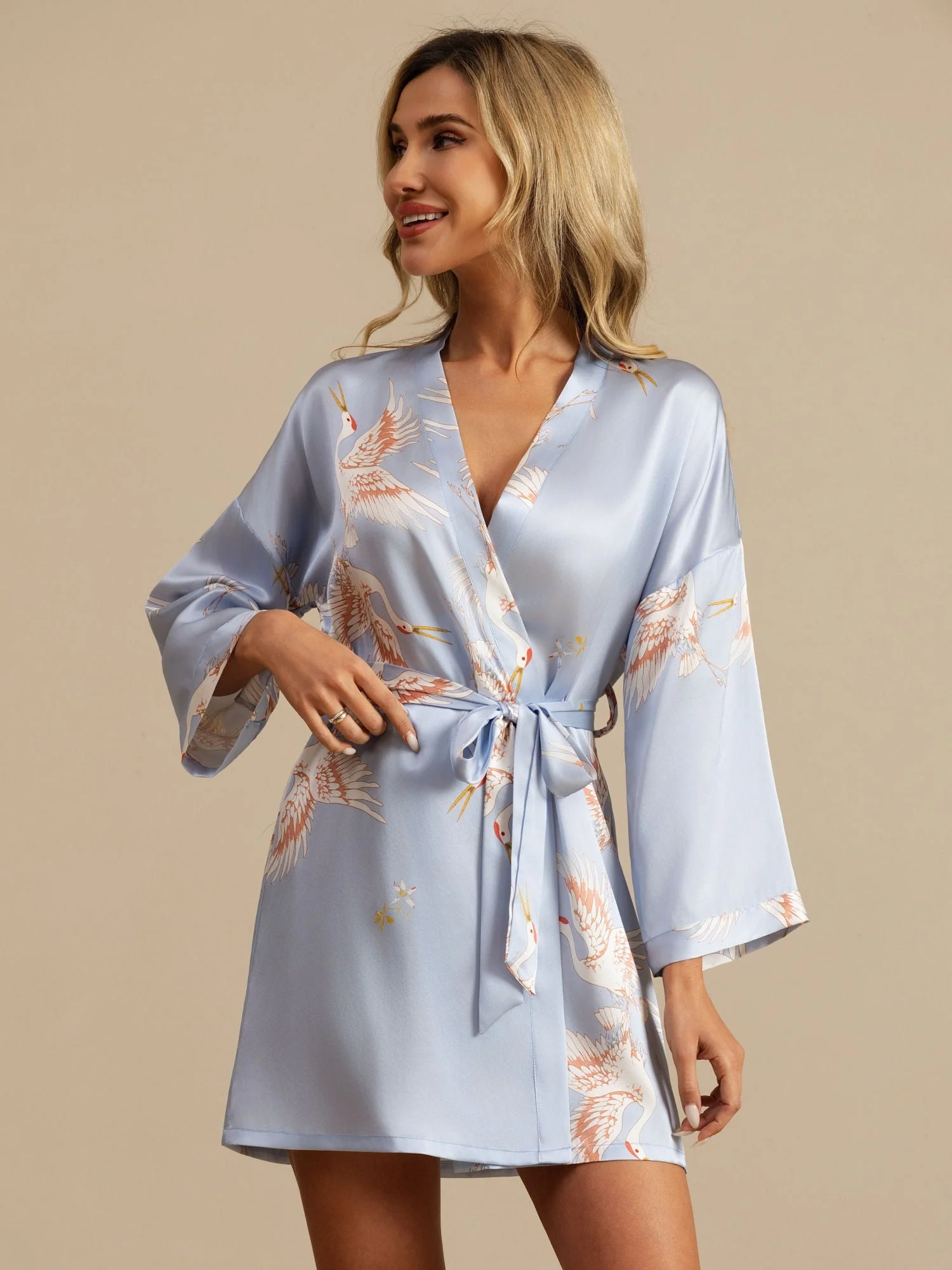 19Momme Ren Silke Traneprint 3/4 Ærme Kort Dame Kimono Badekåbe - Image 24