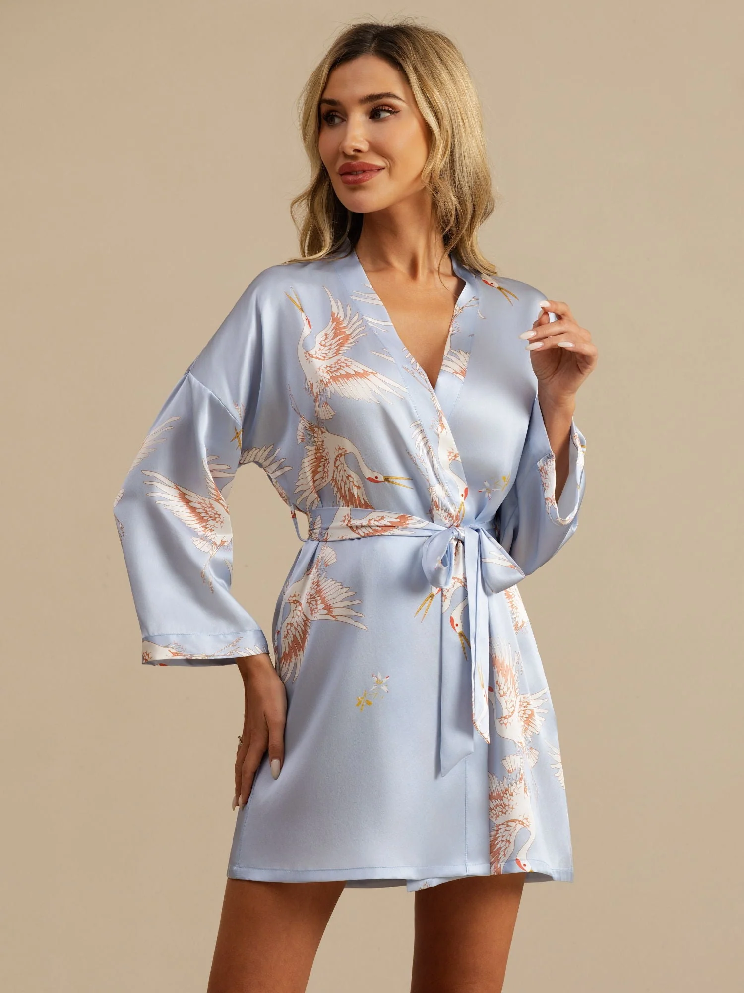 19Momme Ren Silke Traneprint 3/4 Ærme Kort Dame Kimono Badekåbe - Image 26