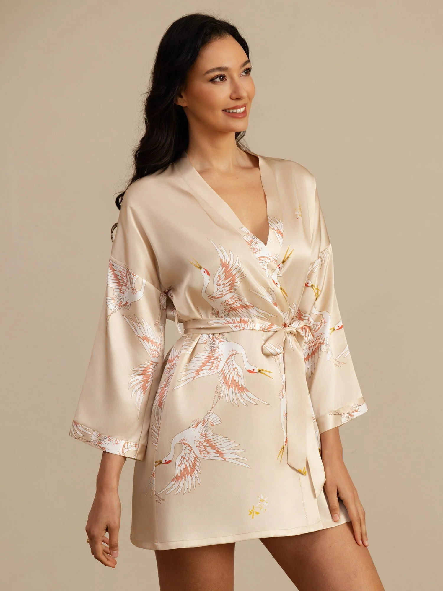 19Momme Ren Silke Traneprint 3/4 Ærme Kort Dame Kimono Badekåbe - Image 31
