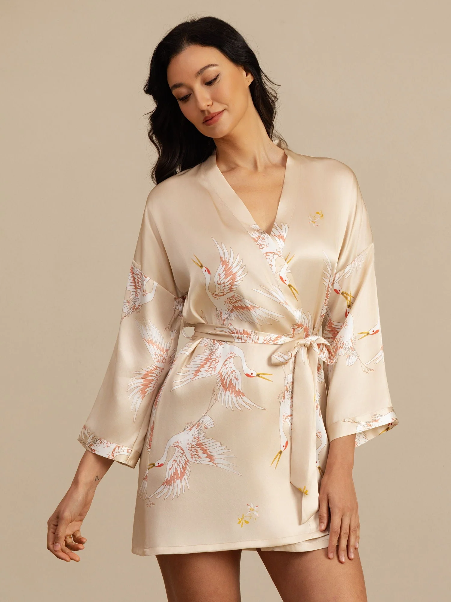 19Momme Ren Silke Traneprint 3/4 Ærme Kort Dame Kimono Badekåbe - Image 35