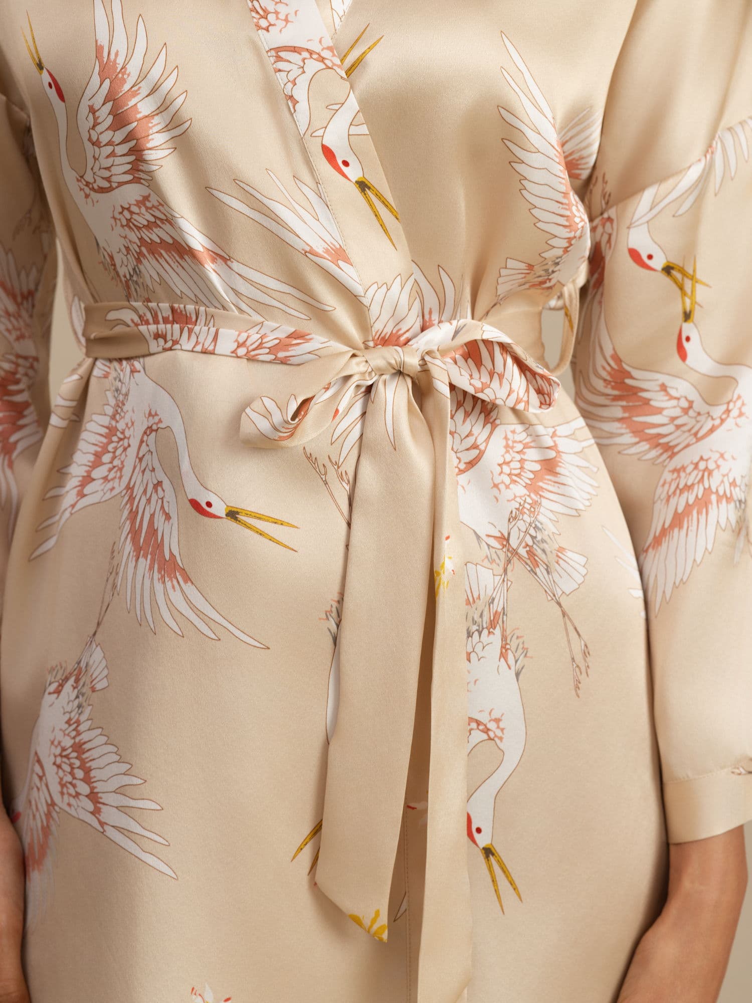 19Momme Ren Silke Traneprint 3/4 Ærme Kort Dame Kimono Badekåbe - Image 37