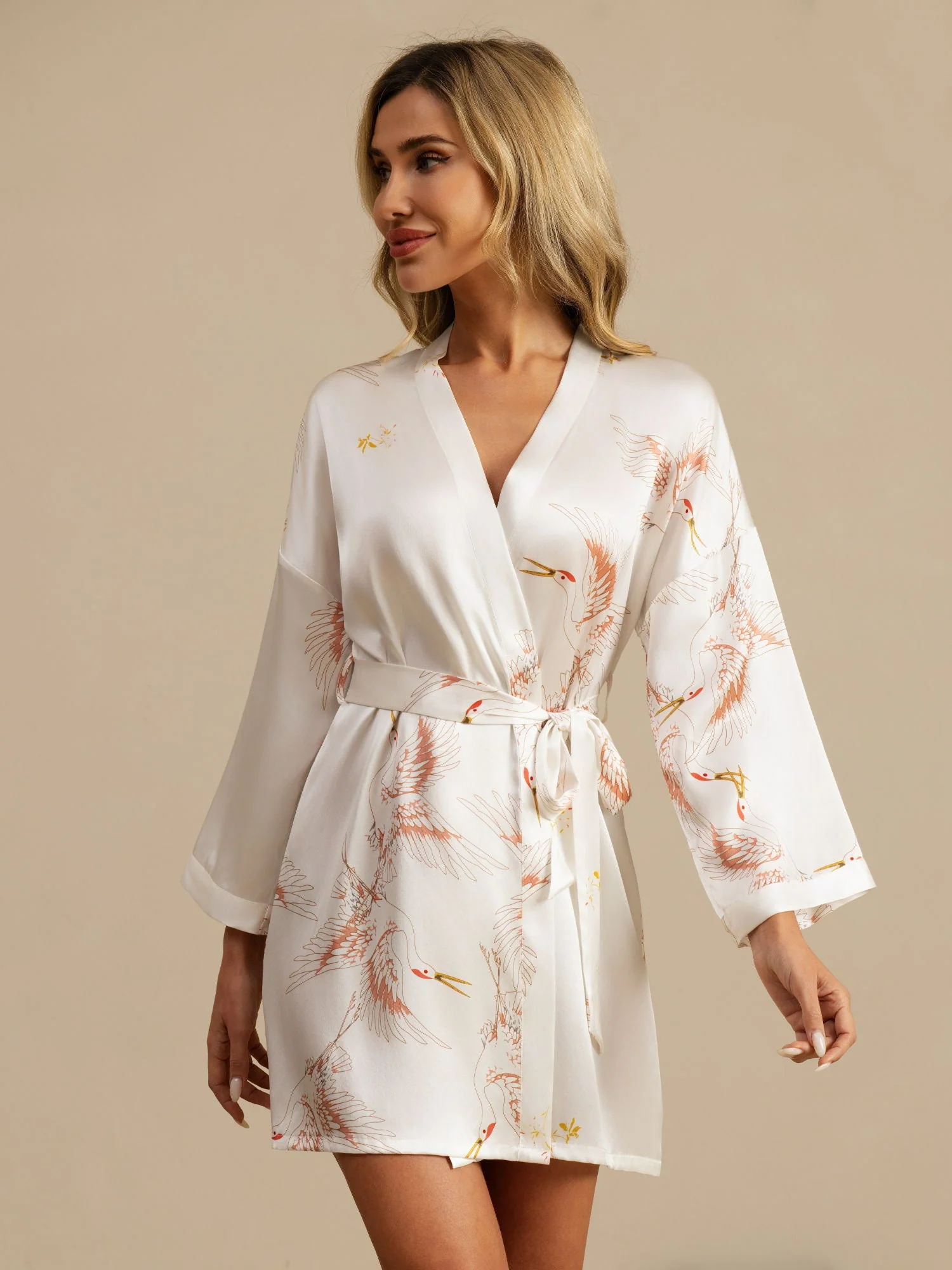 19Momme Ren Silke Traneprint 3/4 Ærme Kort Dame Kimono Badekåbe - Image 41
