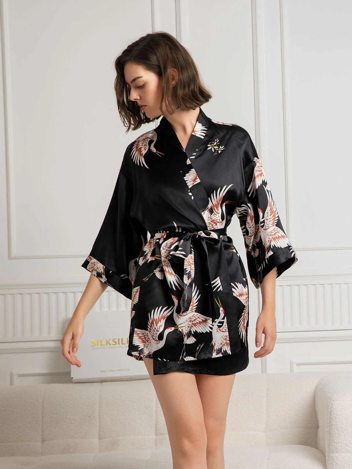 19Momme Ren Silke Traneprint 3/4 Ærme Kort Dame Kimono Badekåbe - Image 7