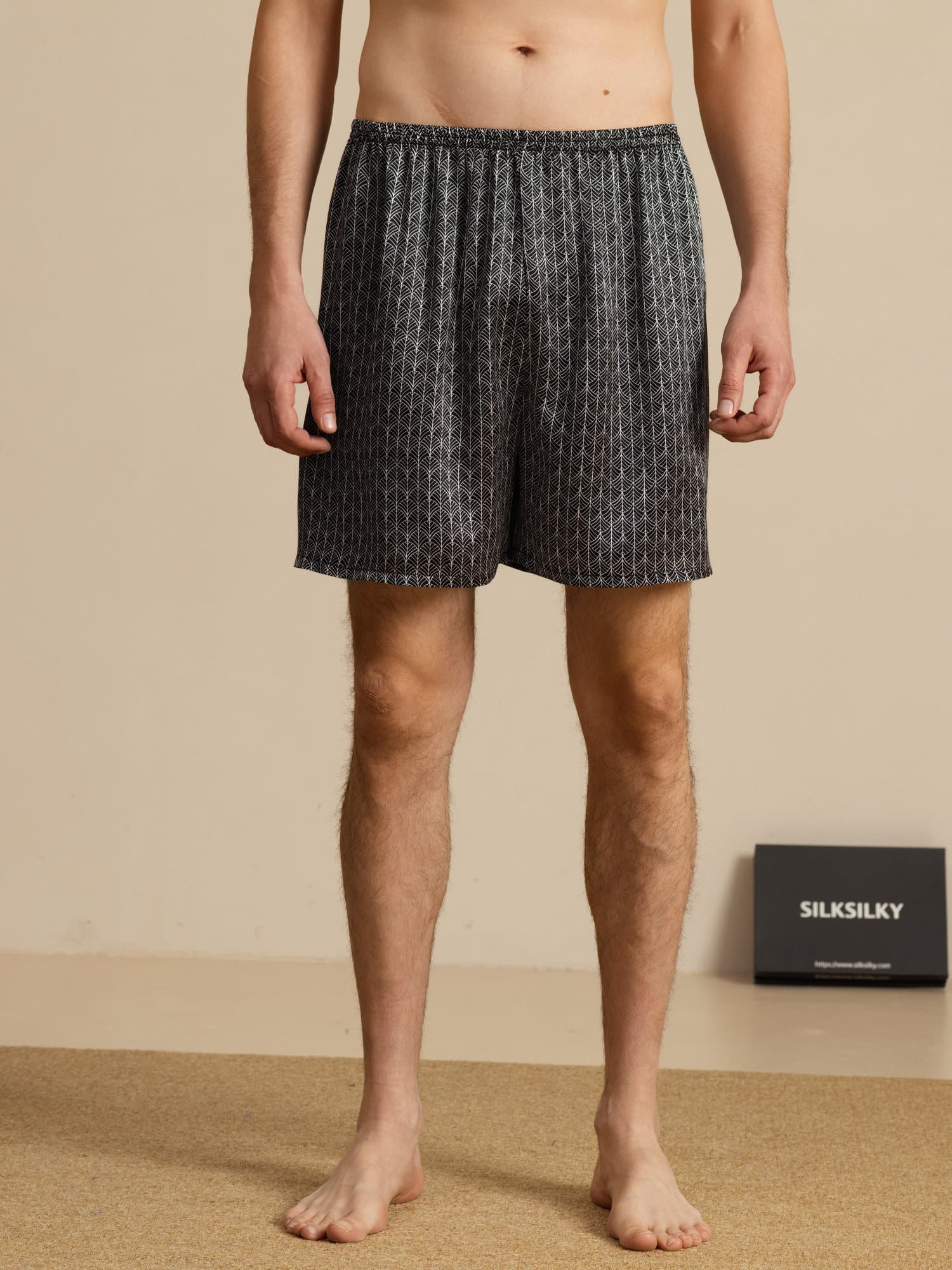 Herre Pure Silk Marine Ginkgo Print Elastisk Talje Soveshorts - Image 10