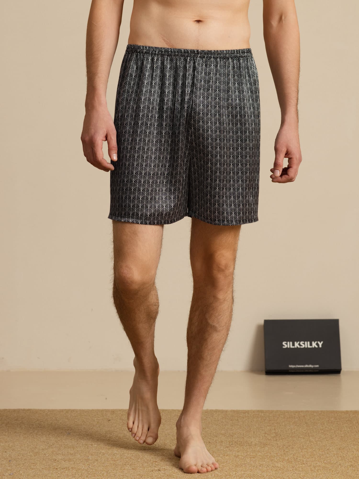 Herre Pure Silk Marine Ginkgo Print Elastisk Talje Soveshorts - Image 11