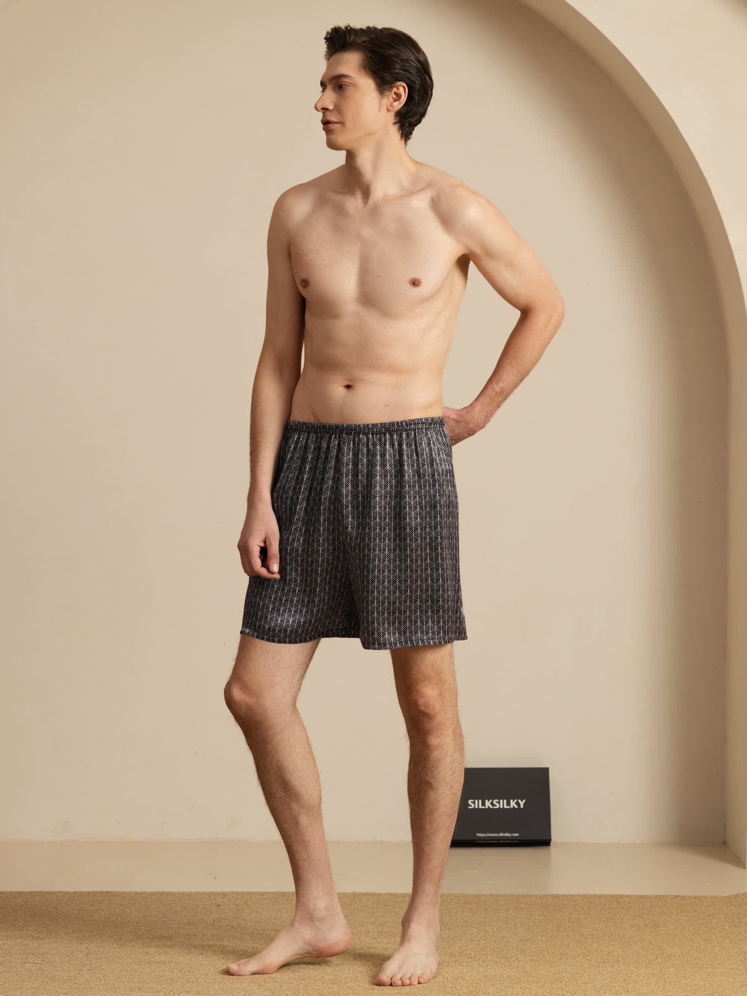 Herre Pure Silk Marine Ginkgo Print Elastisk Talje Soveshorts - Image 13