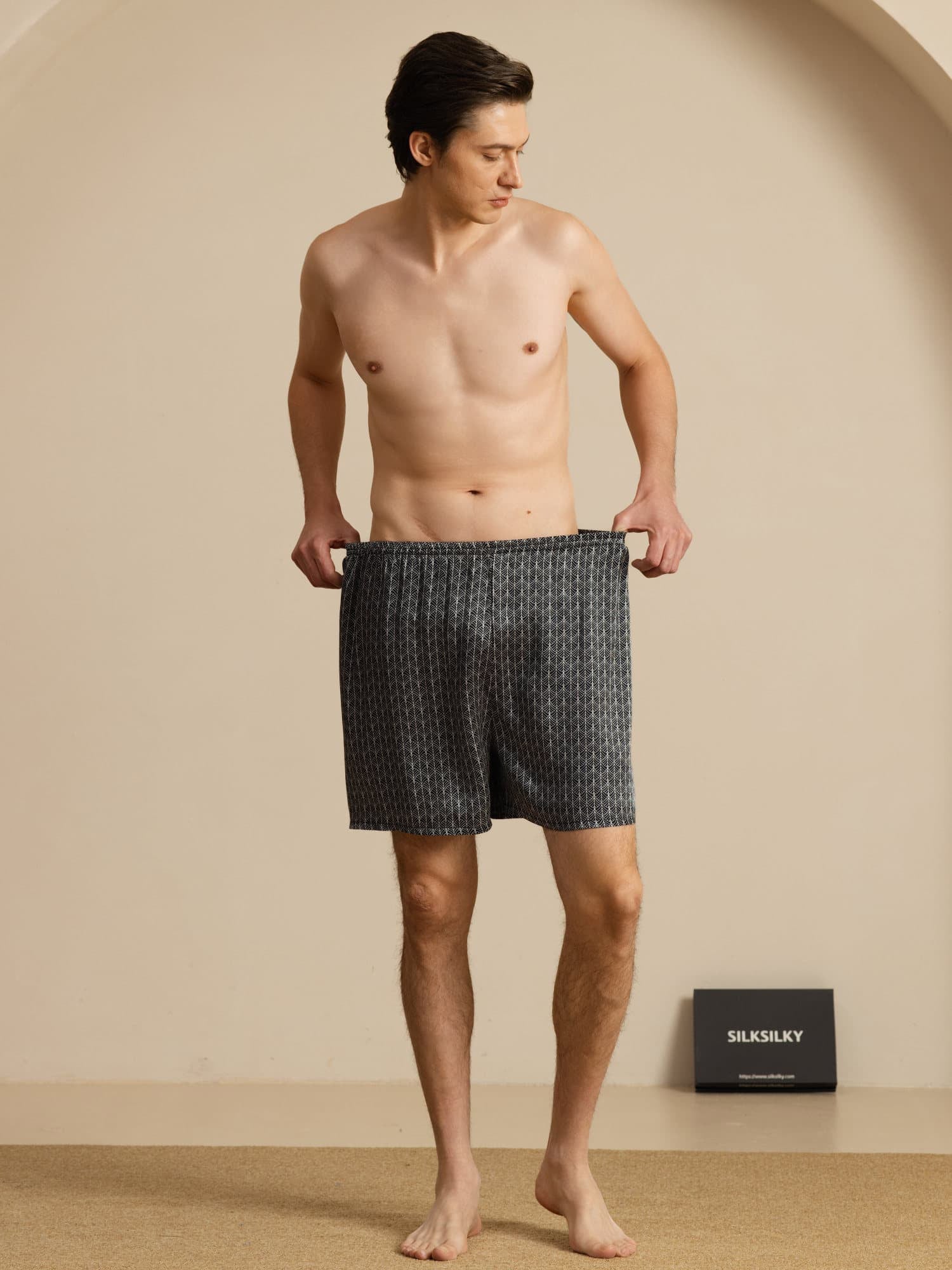 Herre Pure Silk Marine Ginkgo Print Elastisk Talje Soveshorts - Image 14