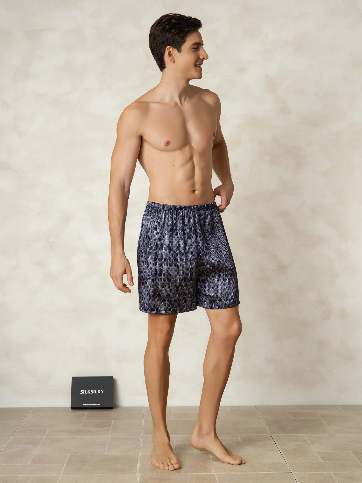 Herre Pure Silk Marine Ginkgo Print Elastisk Talje Soveshorts - Image 5