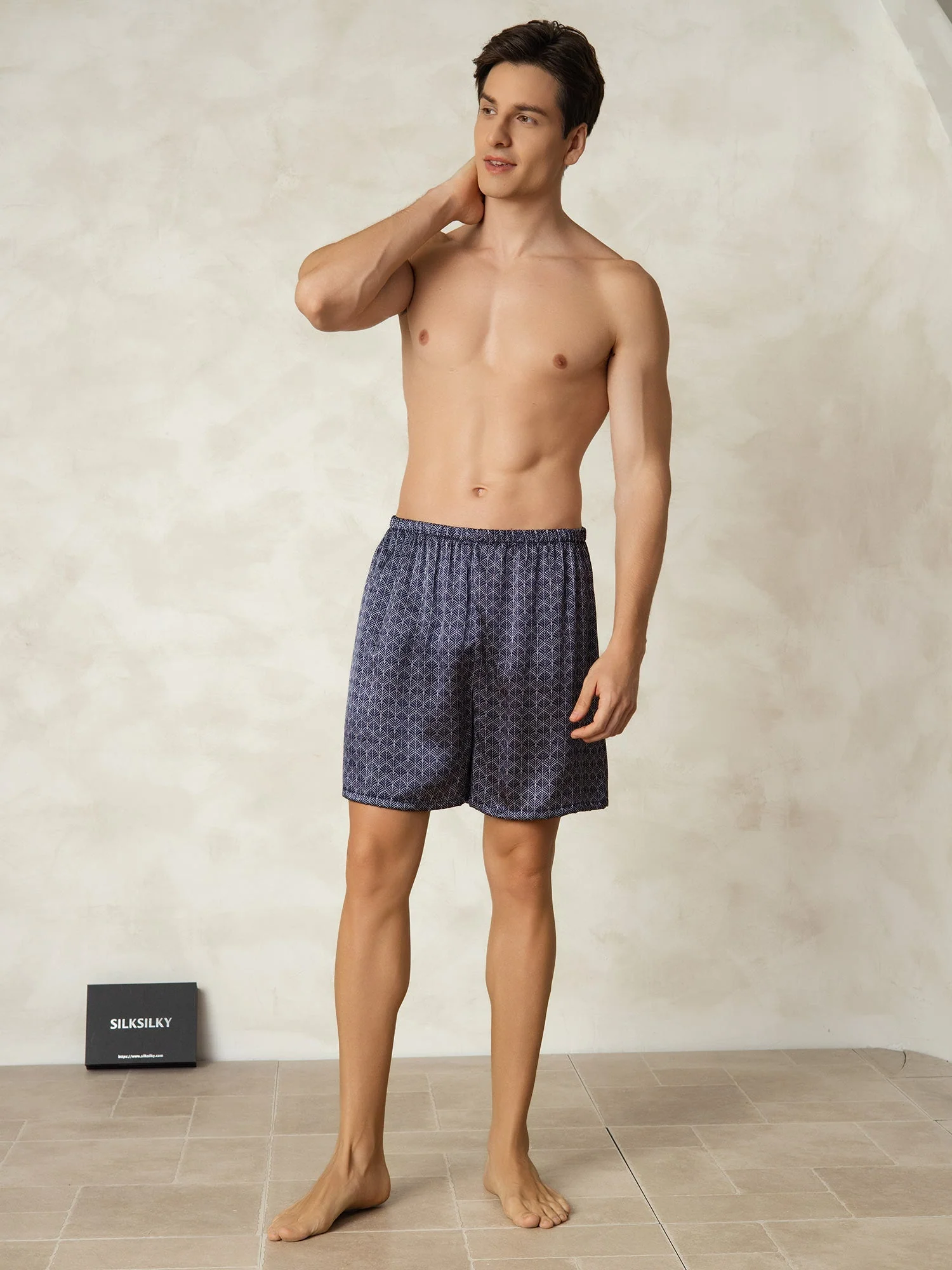 Herre Pure Silk Marine Ginkgo Print Elastisk Talje Soveshorts - Image 6