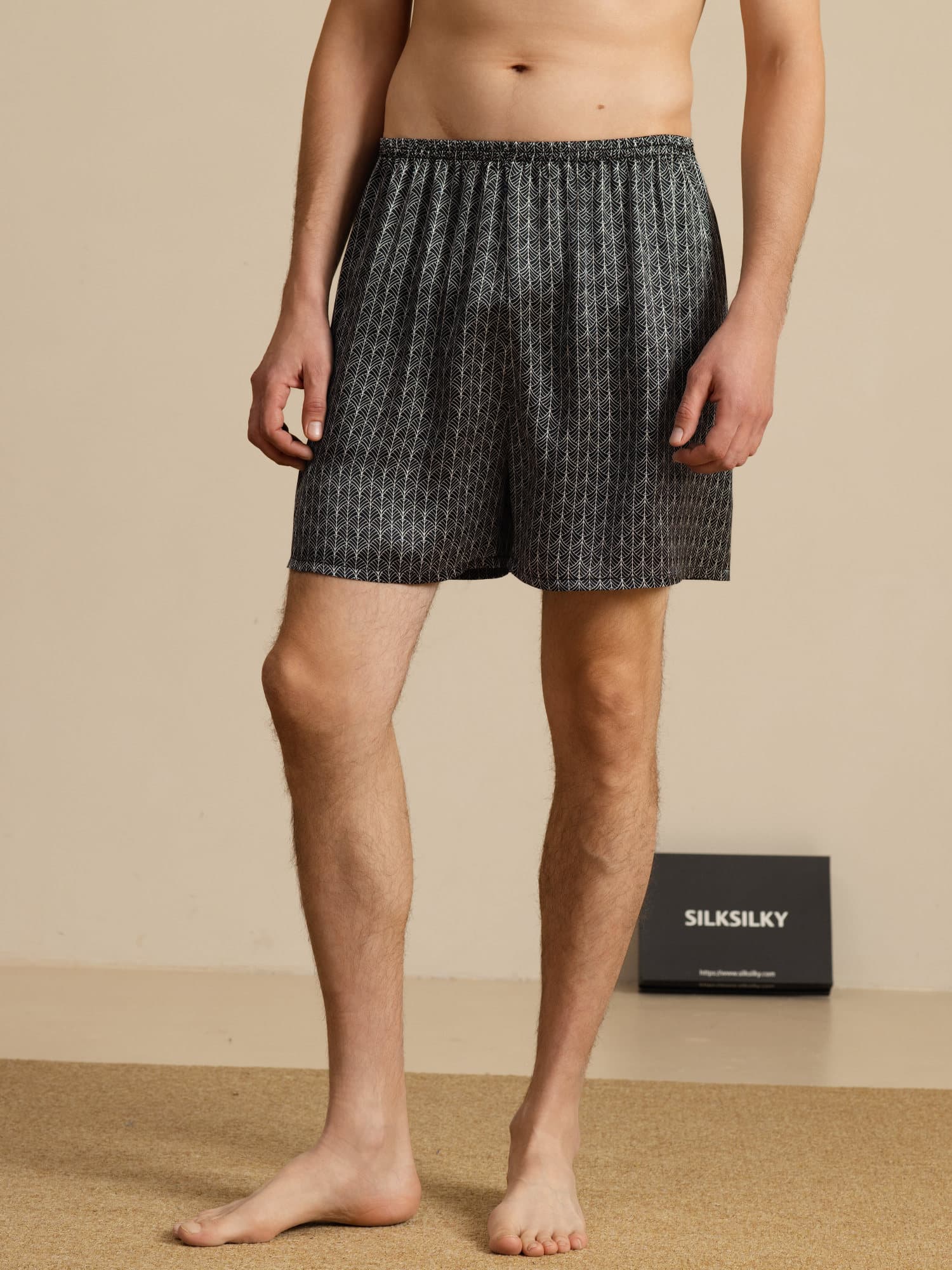 Herre Pure Silk Marine Ginkgo Print Elastisk Talje Soveshorts - Image 8