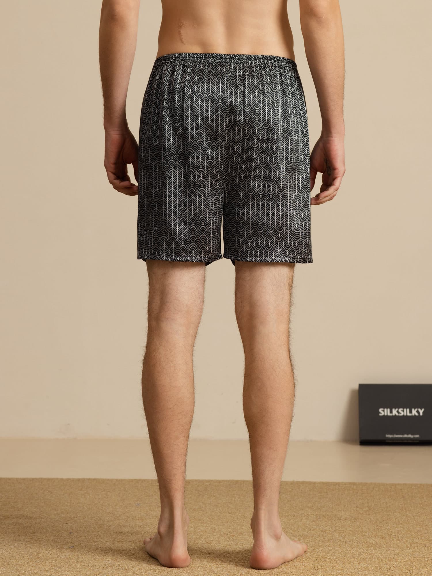 Herre Pure Silk Marine Ginkgo Print Elastisk Talje Soveshorts - Image 9