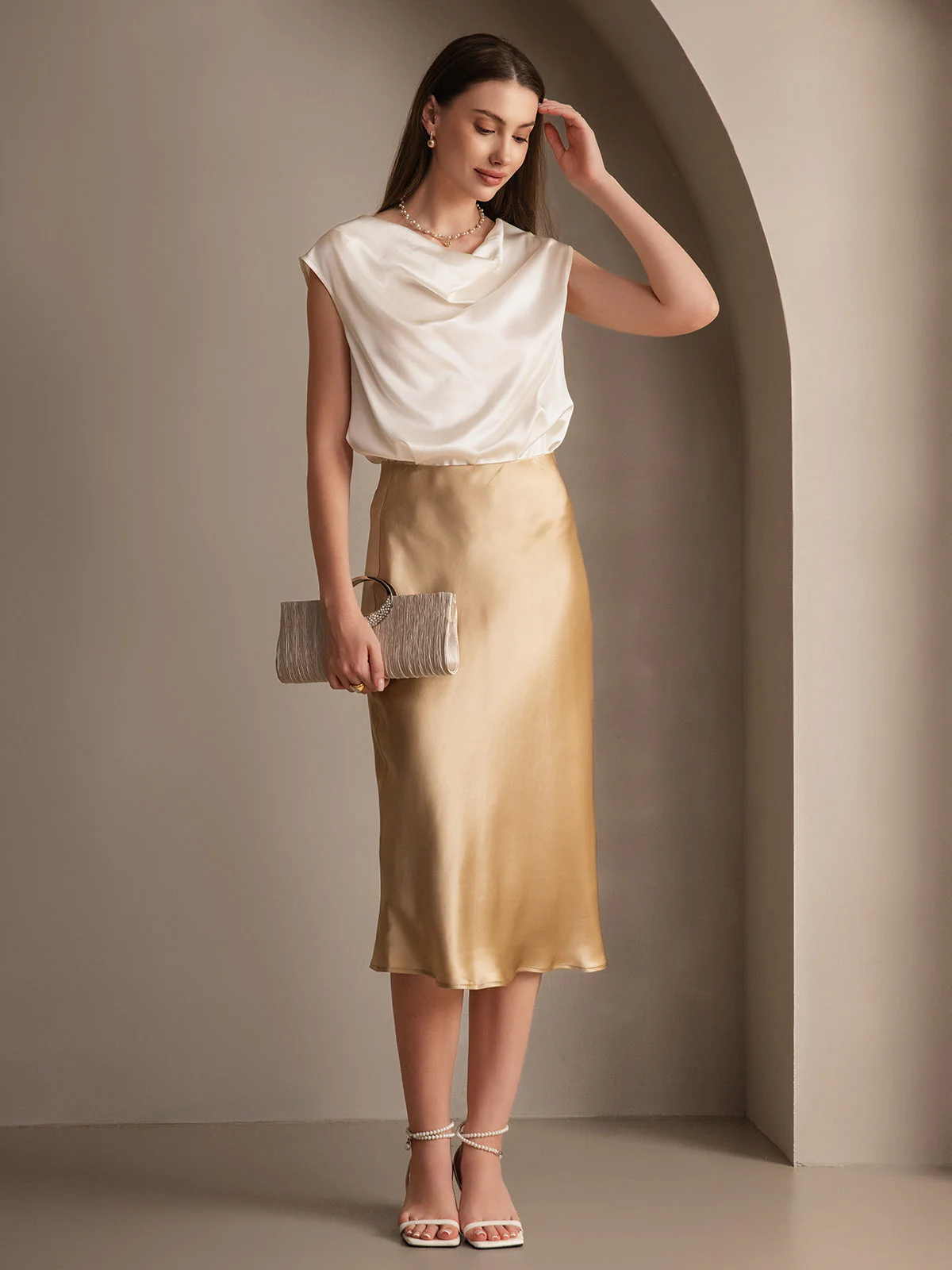 Elegant Basis Nederdel i Ren Silke - Image 35
