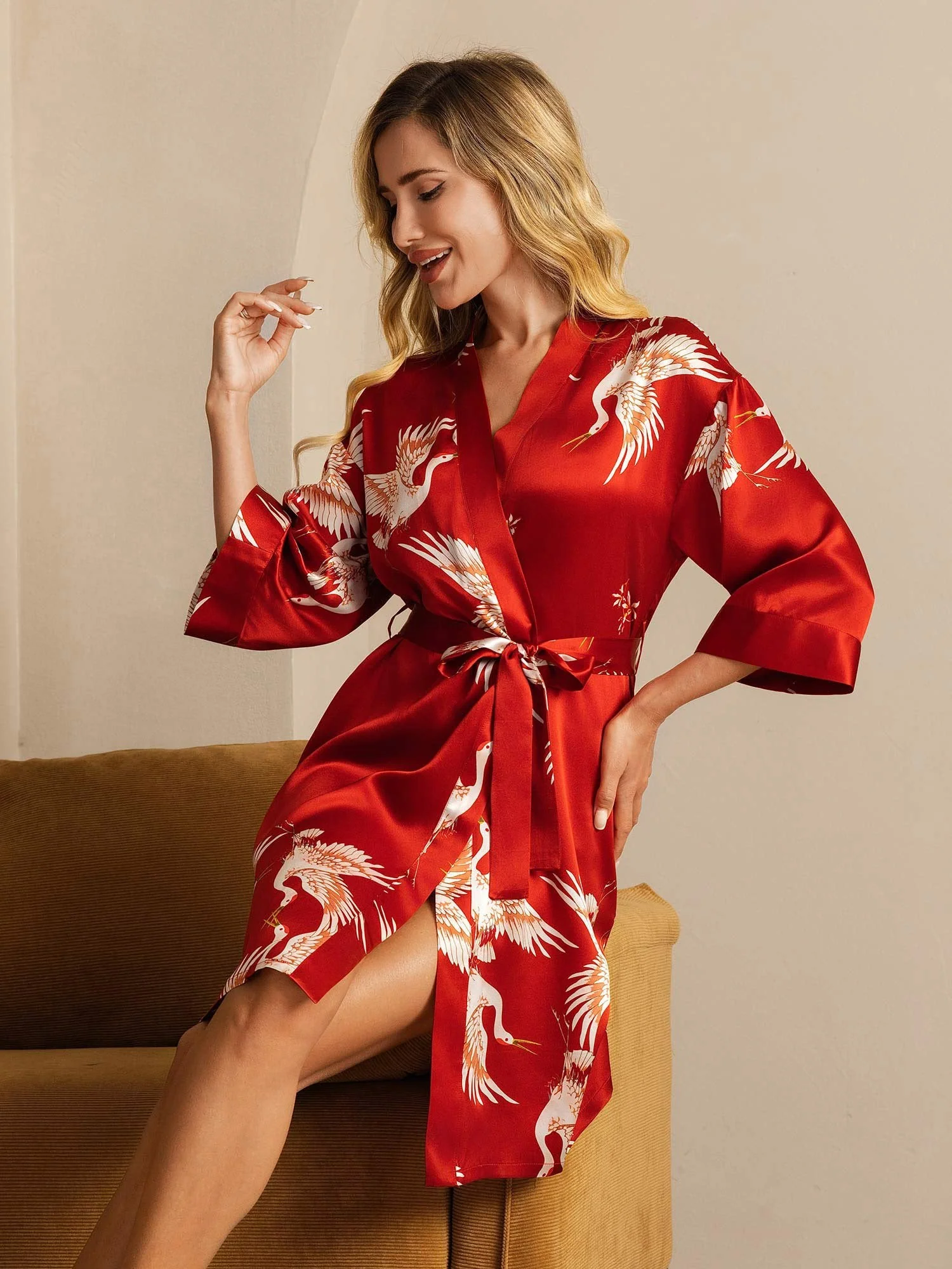 19Momme Ren Silke Krane Print Bælte Indpakning Kvinder Kimono Robe