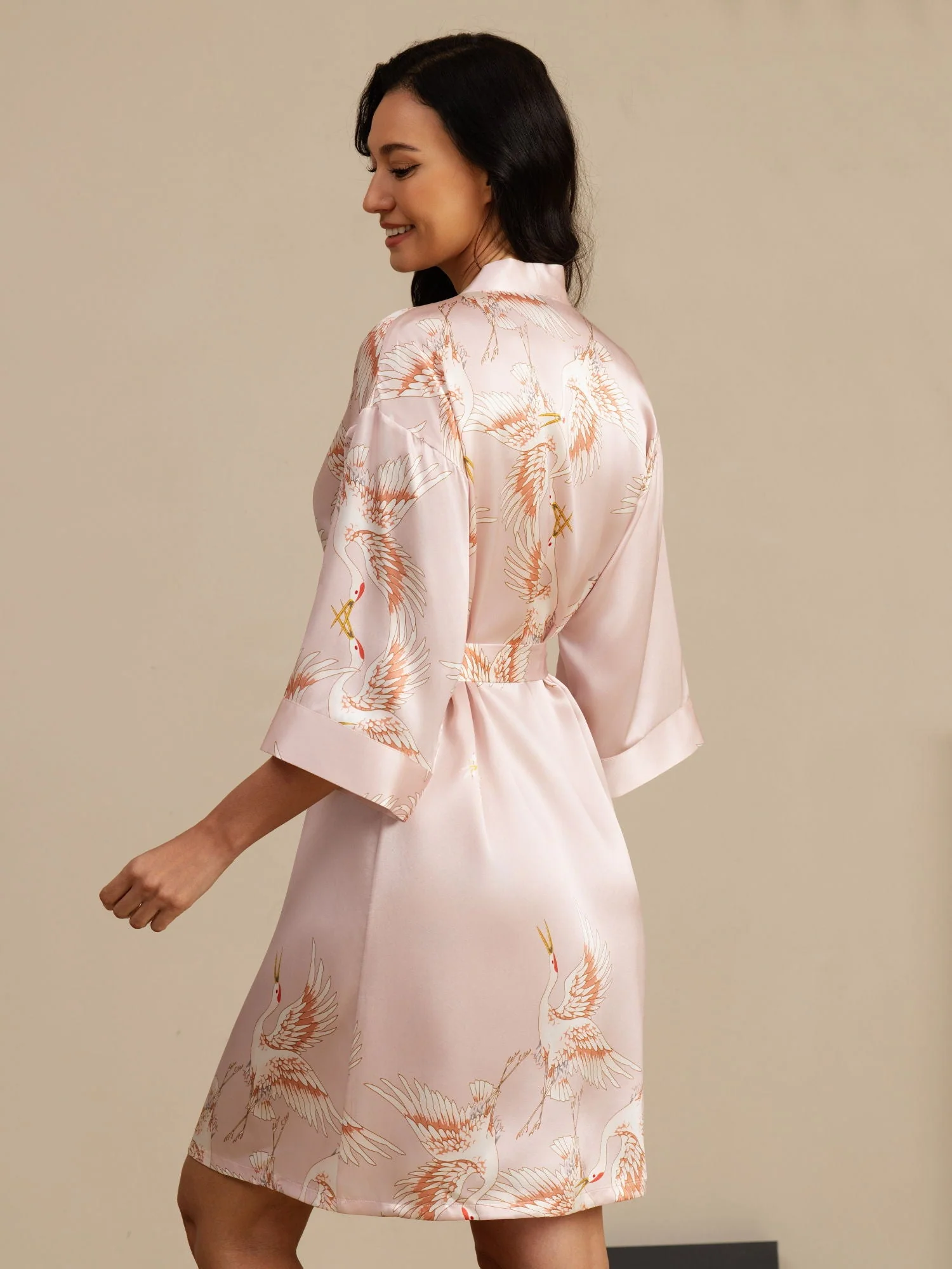 19Momme Ren Silke Krane Print Bælte Indpakning Kvinder Kimono Robe - Image 10