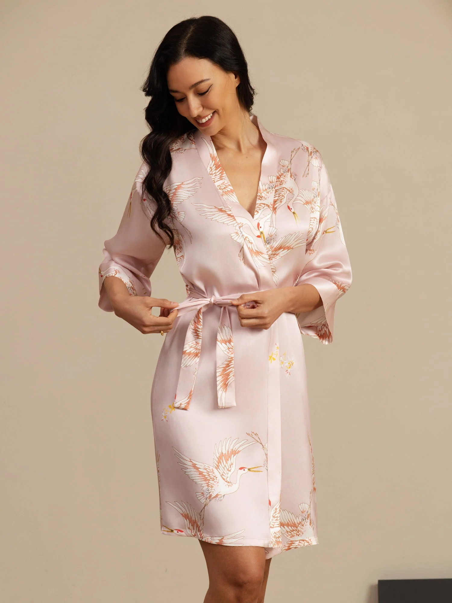 19Momme Ren Silke Krane Print Bælte Indpakning Kvinder Kimono Robe - Image 11