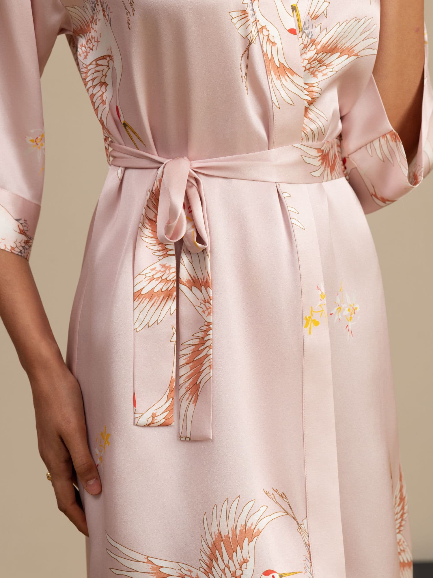 19Momme Ren Silke Krane Print Bælte Indpakning Kvinder Kimono Robe - Image 12