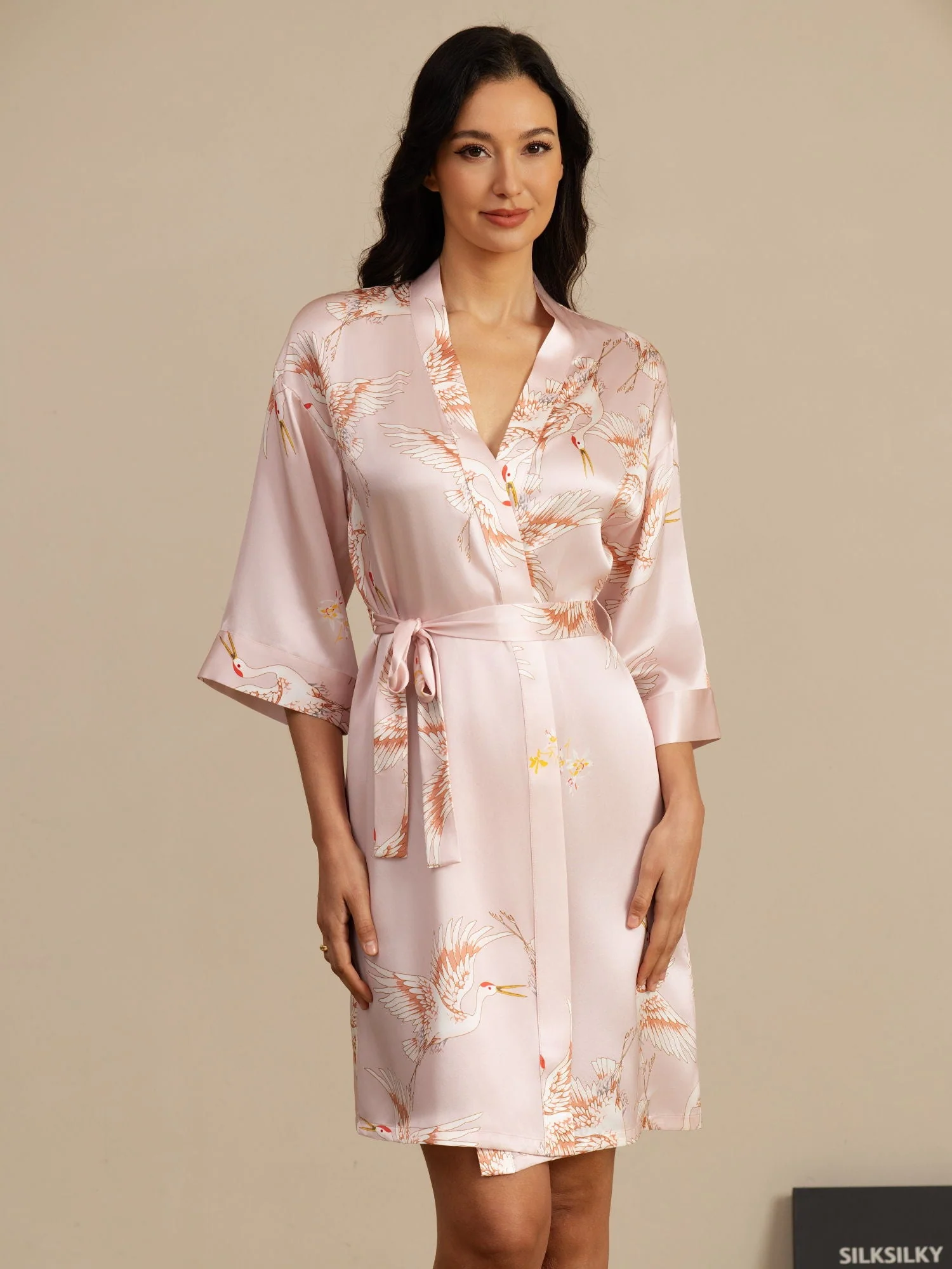19Momme Ren Silke Krane Print Bælte Indpakning Kvinder Kimono Robe - Image 13