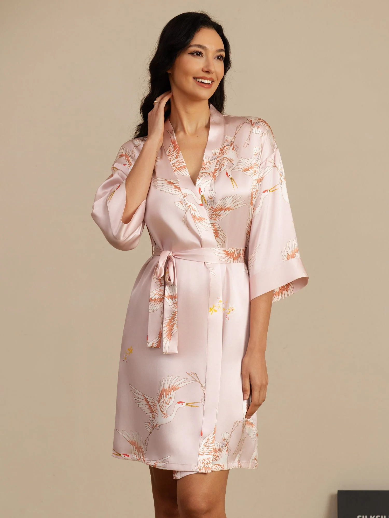 19Momme Ren Silke Krane Print Bælte Indpakning Kvinder Kimono Robe - Image 14