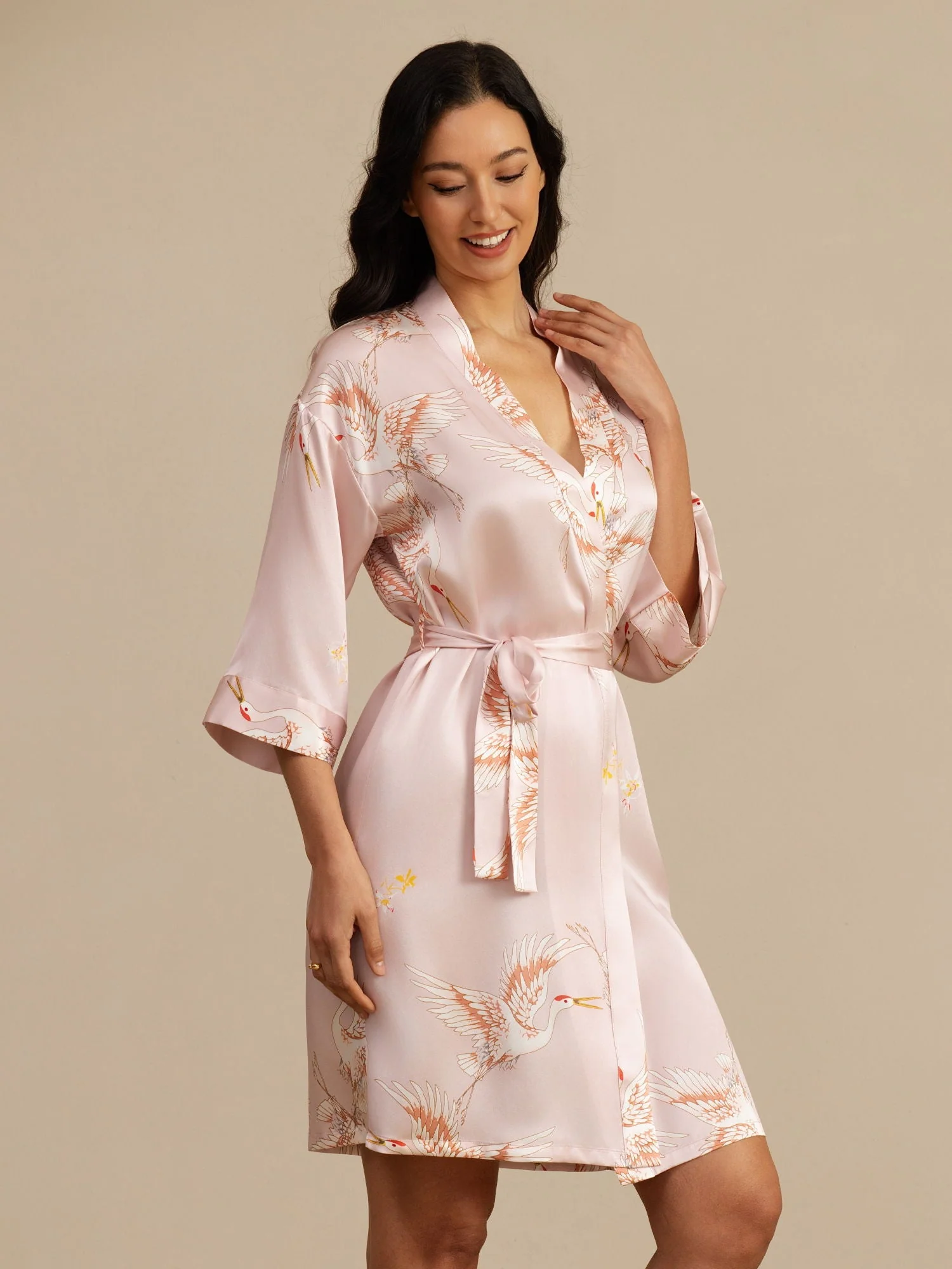 19Momme Ren Silke Krane Print Bælte Indpakning Kvinder Kimono Robe - Image 15