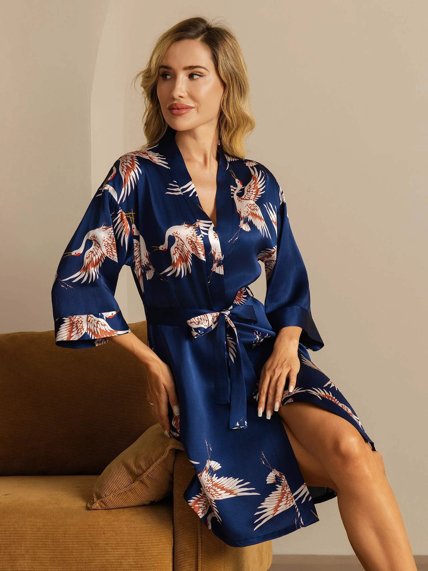 19Momme Ren Silke Krane Print Bælte Indpakning Kvinder Kimono Robe - Image 16