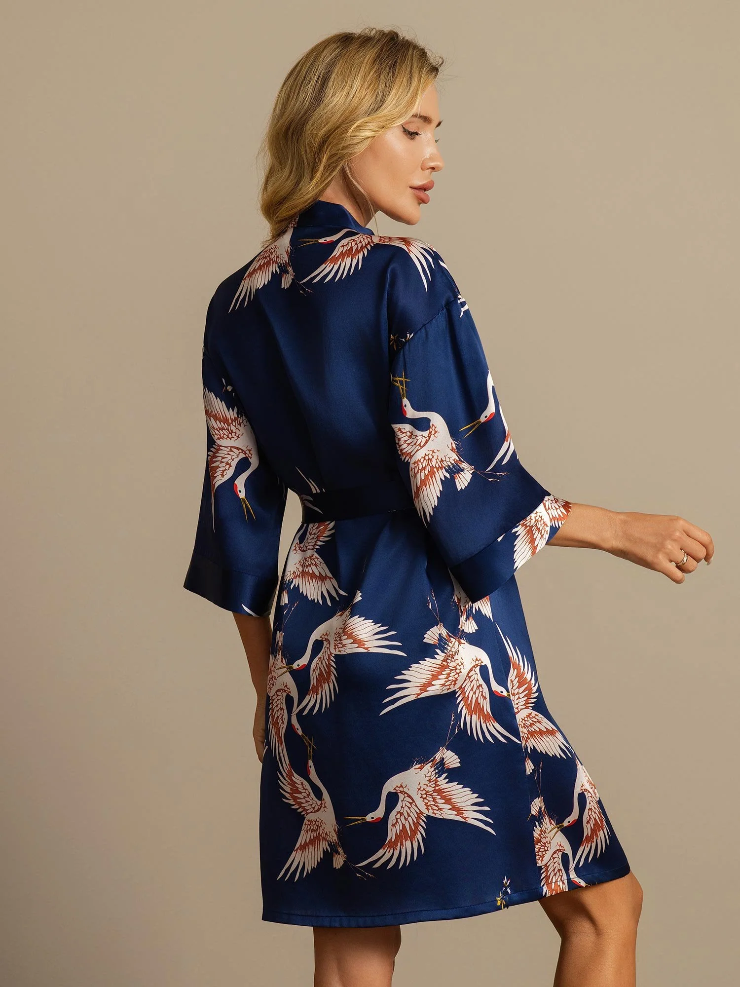 19Momme Ren Silke Krane Print Bælte Indpakning Kvinder Kimono Robe - Image 17