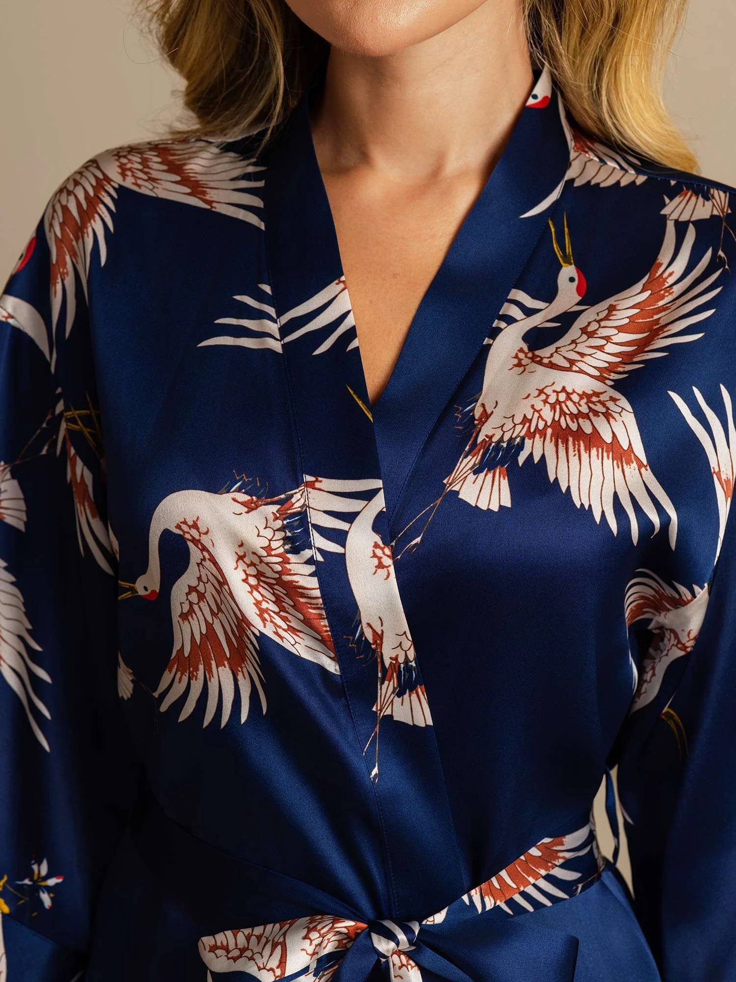 19Momme Ren Silke Krane Print Bælte Indpakning Kvinder Kimono Robe - Image 19
