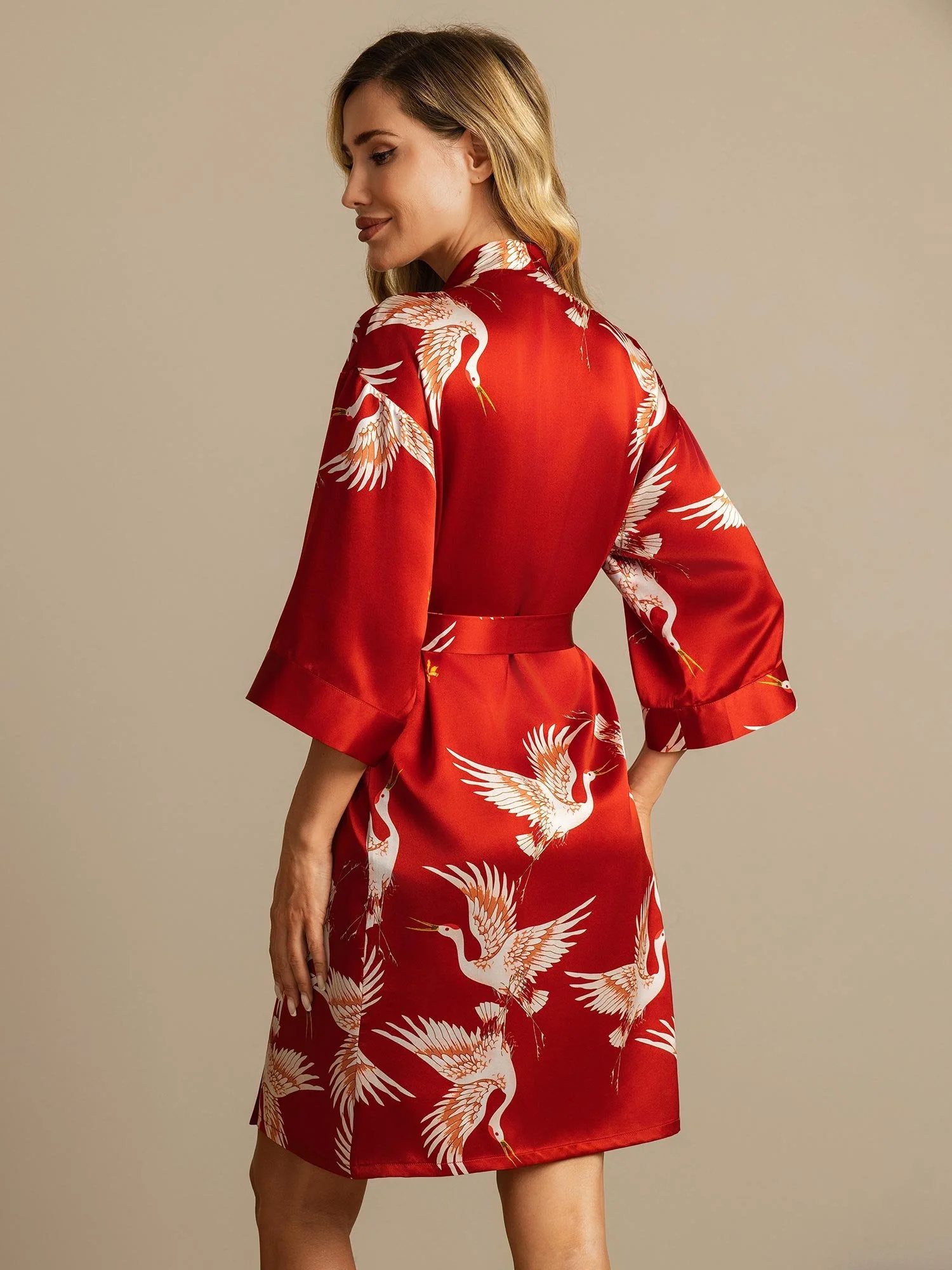 19Momme Ren Silke Krane Print Bælte Indpakning Kvinder Kimono Robe - Image 2
