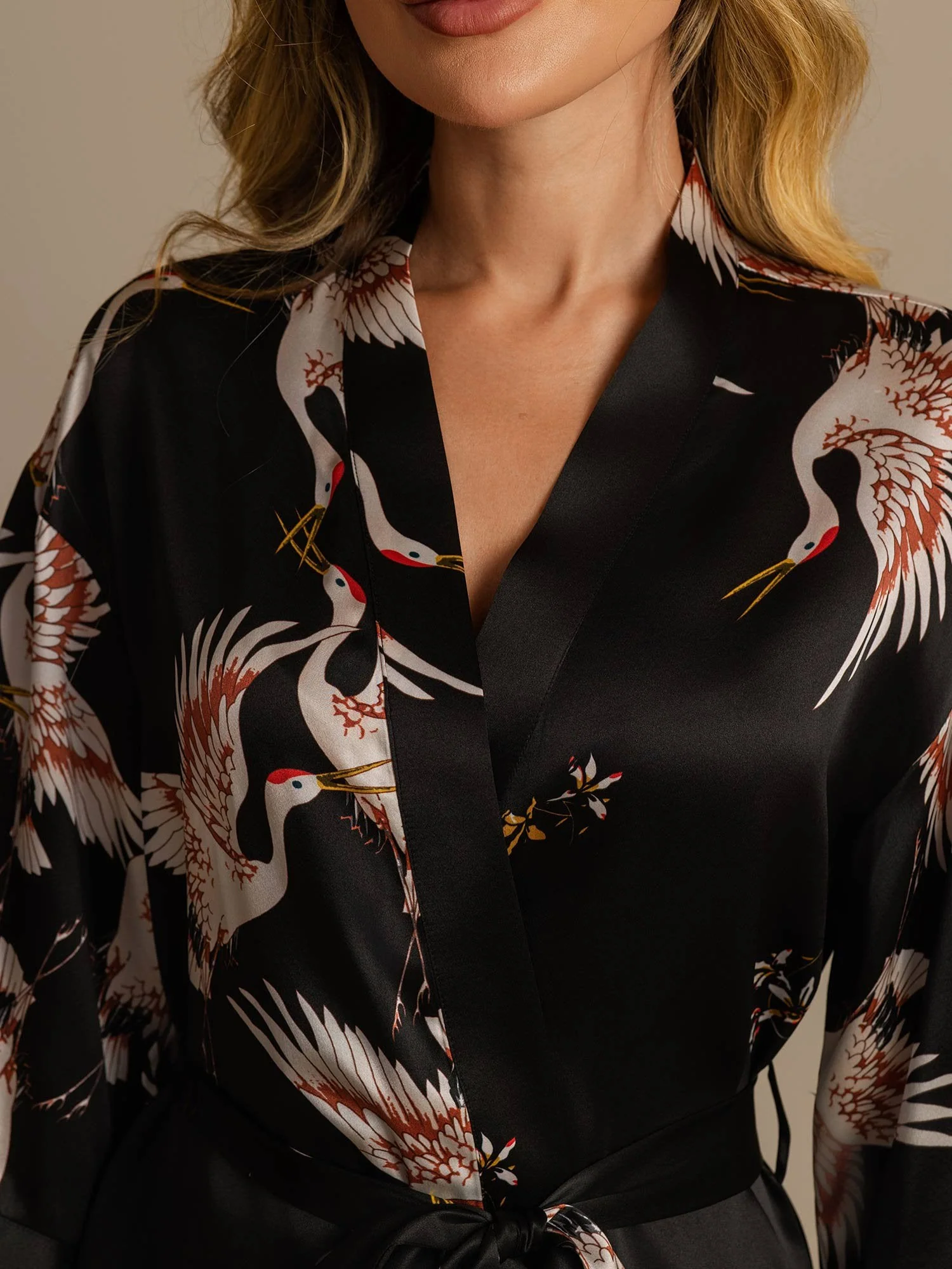 19Momme Ren Silke Krane Print Bælte Indpakning Kvinder Kimono Robe - Image 26