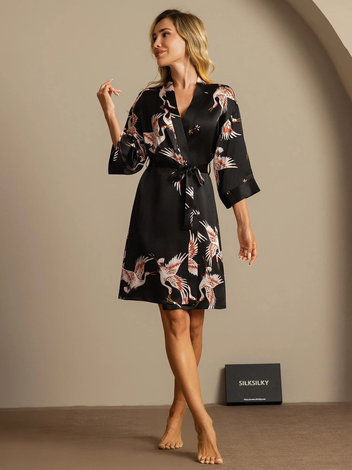 19Momme Ren Silke Krane Print Bælte Indpakning Kvinder Kimono Robe - Image 27