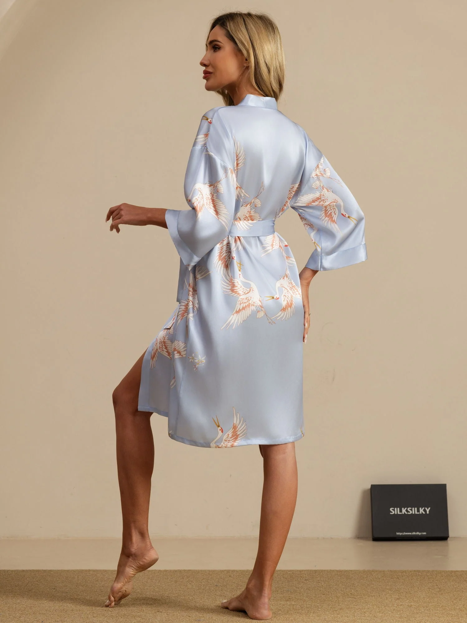 19Momme Ren Silke Krane Print Bælte Indpakning Kvinder Kimono Robe - Image 32