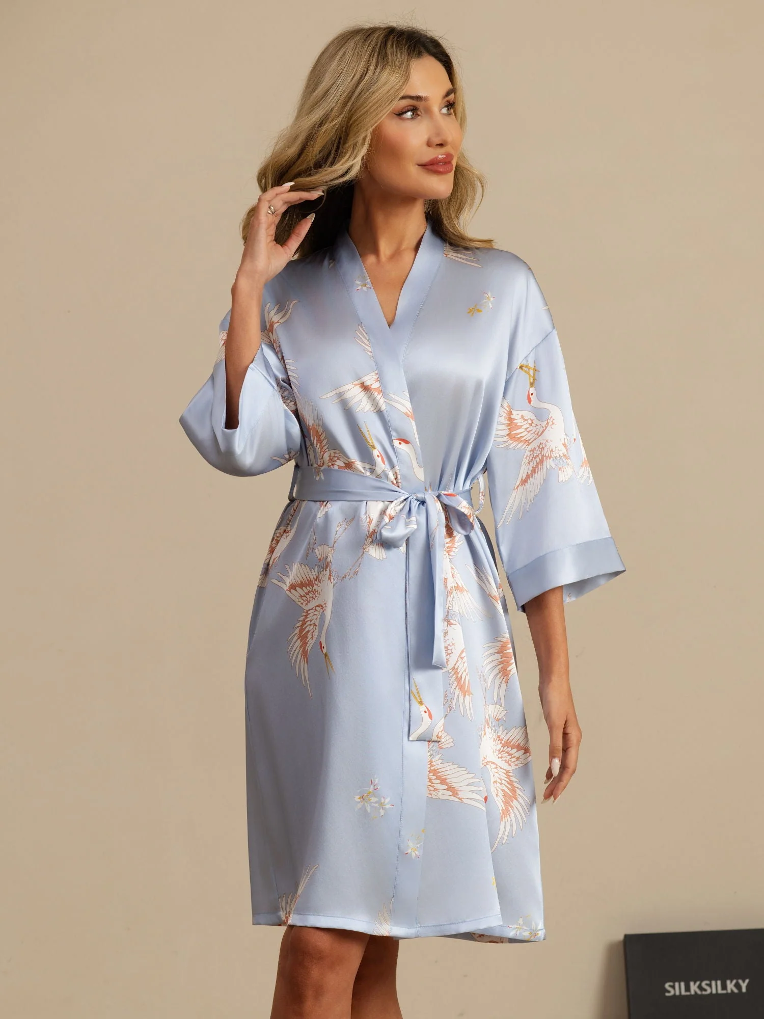 19Momme Ren Silke Krane Print Bælte Indpakning Kvinder Kimono Robe - Image 33