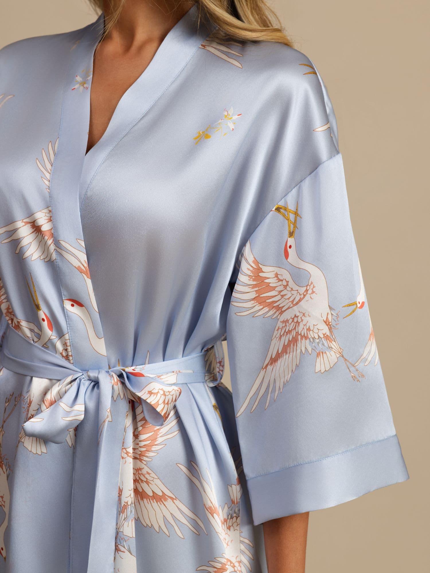 19Momme Ren Silke Krane Print Bælte Indpakning Kvinder Kimono Robe - Image 35