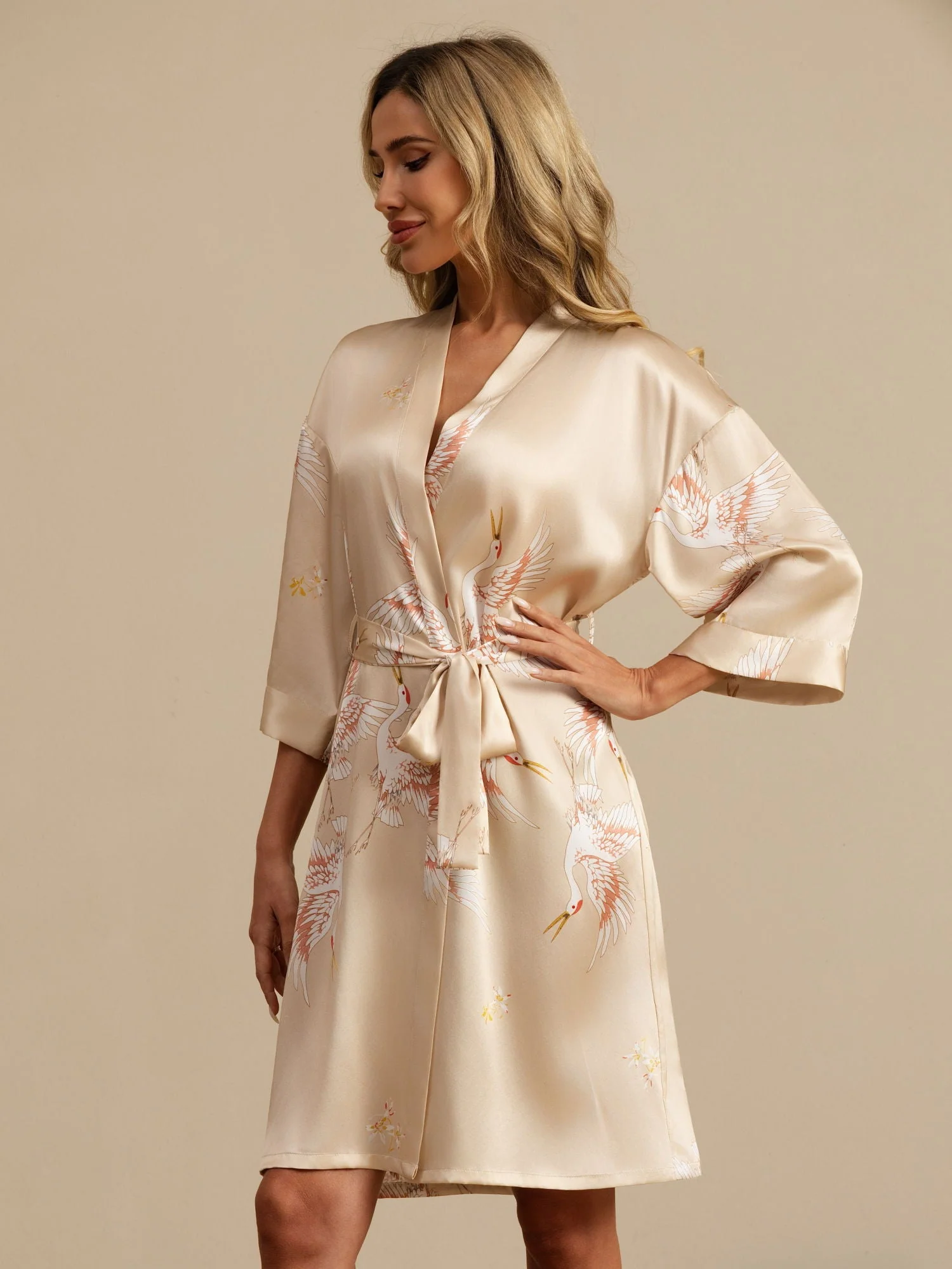 19Momme Ren Silke Krane Print Bælte Indpakning Kvinder Kimono Robe - Image 37