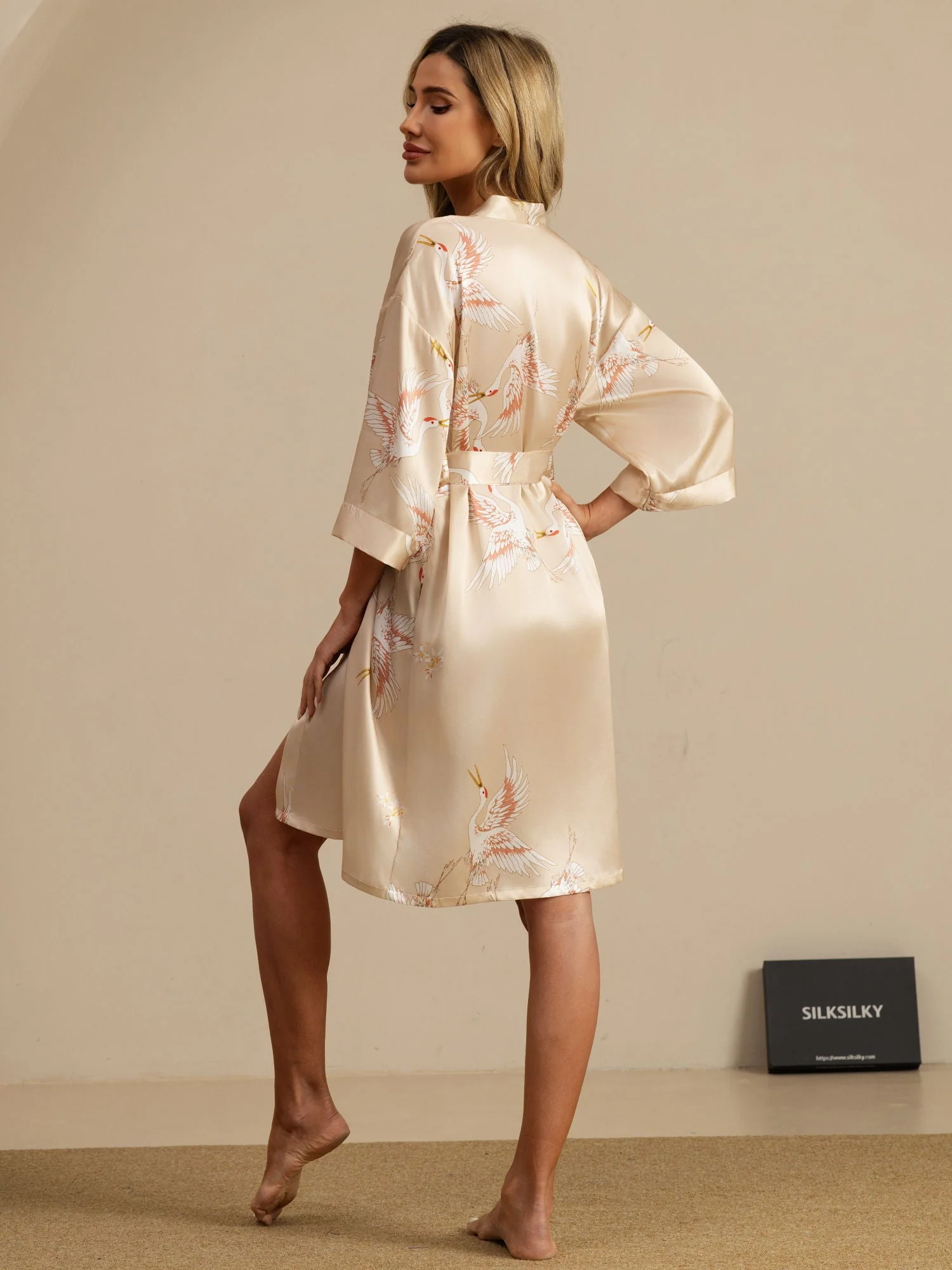 19Momme Ren Silke Krane Print Bælte Indpakning Kvinder Kimono Robe - Image 38