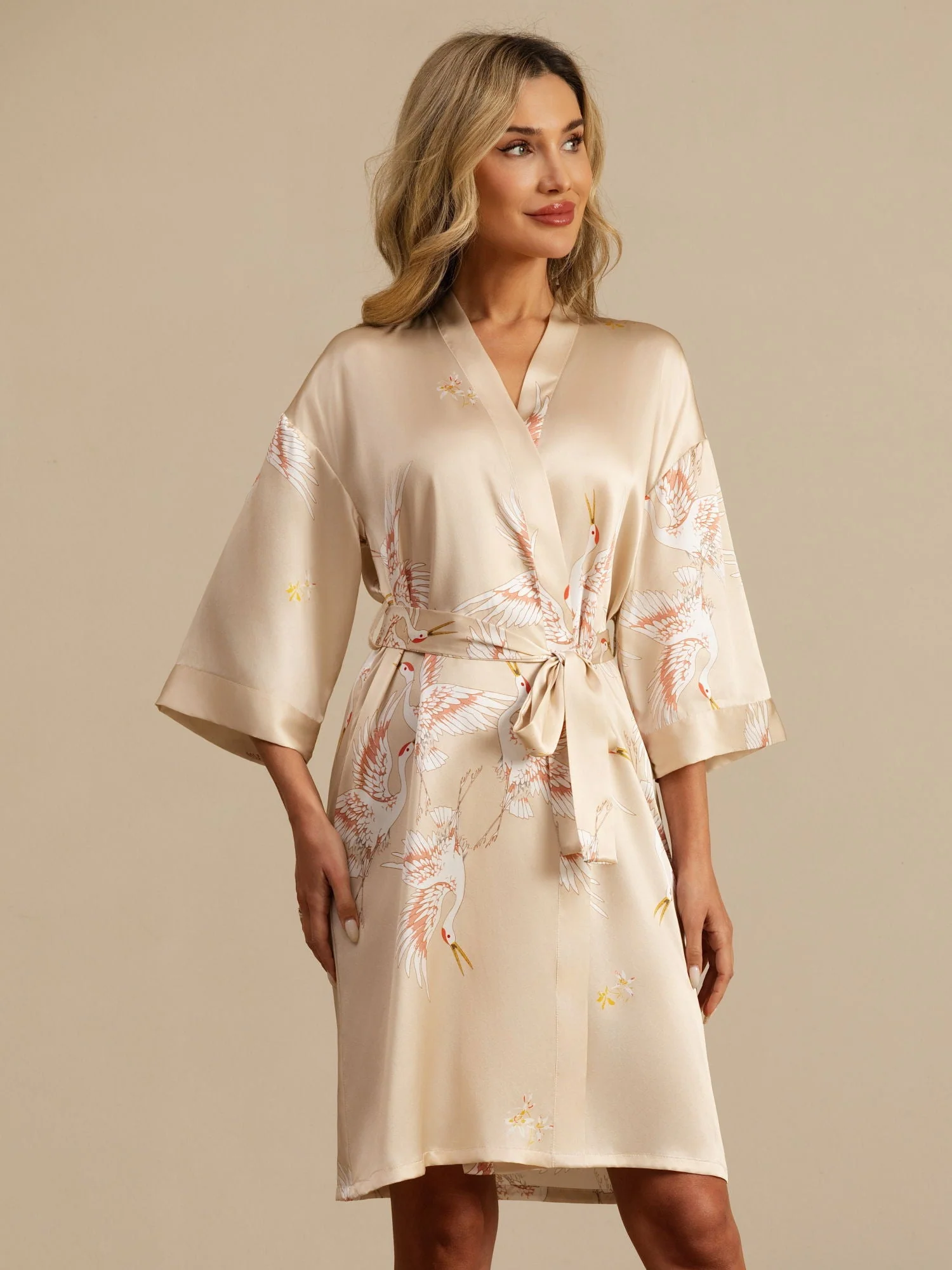 19Momme Ren Silke Krane Print Bælte Indpakning Kvinder Kimono Robe - Image 39